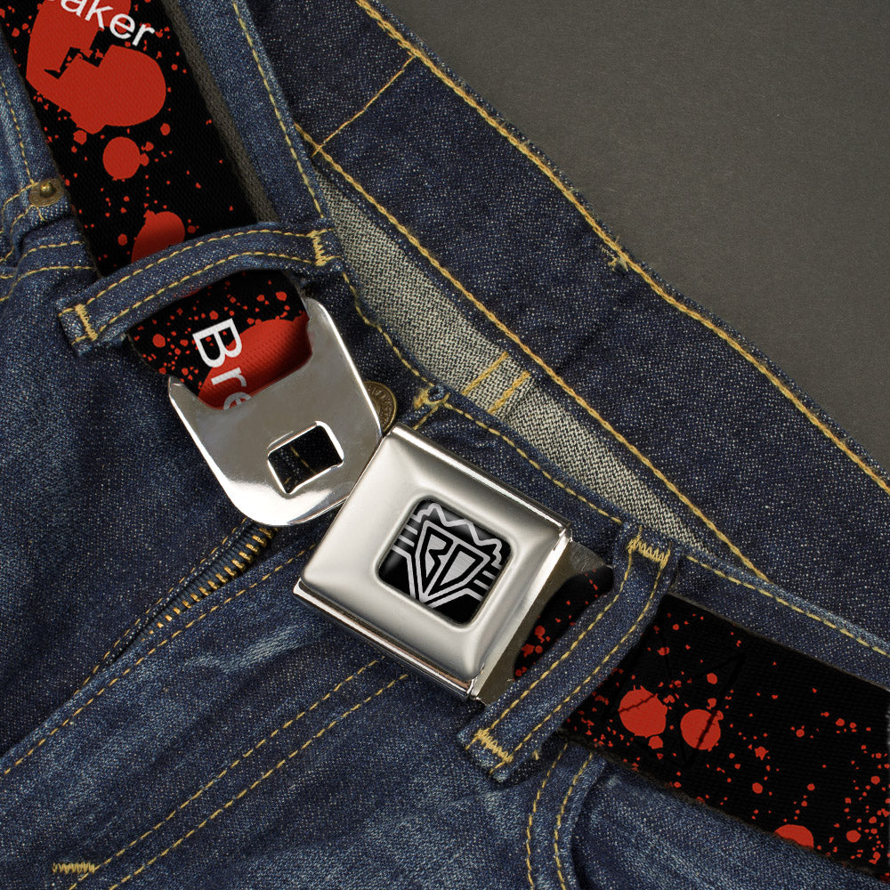 BD Wings Logo CLOSE-UP Full Color Black Silver Seatbelt Belt - Heart Breaker Black/White/Red Webbing Seatbelt Belts Buckle-Down