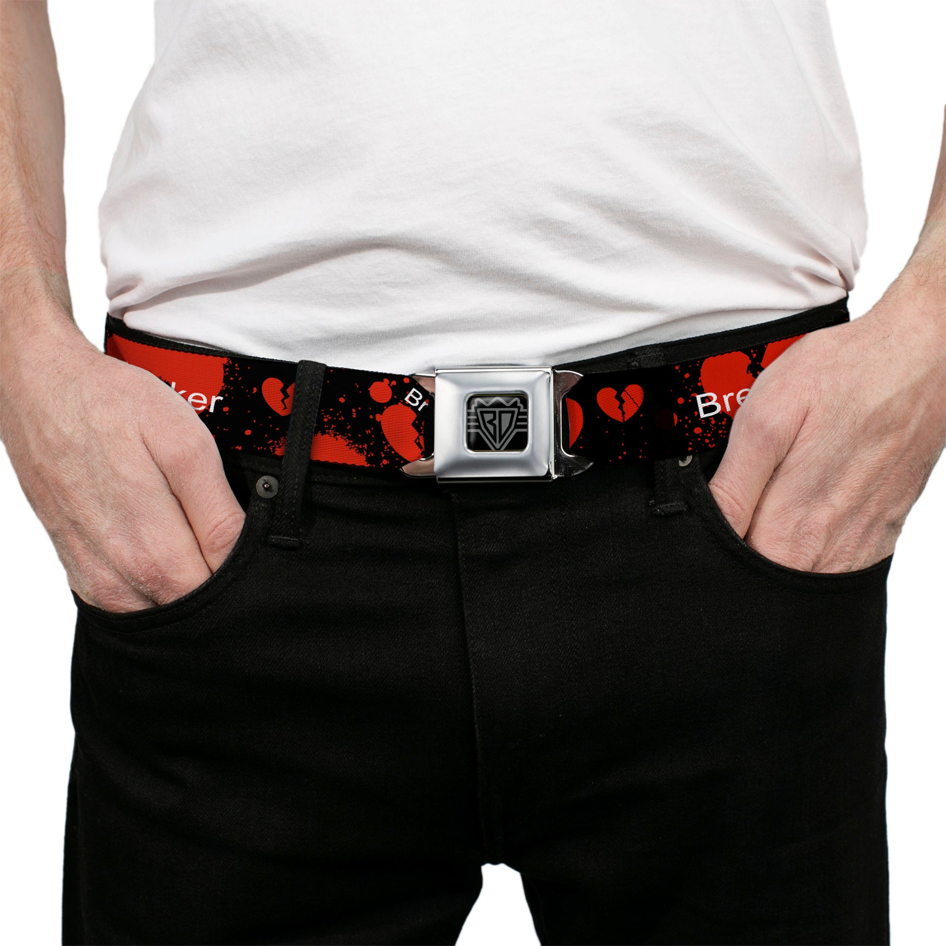 BD Wings Logo CLOSE-UP Full Color Black Silver Seatbelt Belt - Heart Breaker Black/White/Red Webbing Seatbelt Belts Buckle-Down