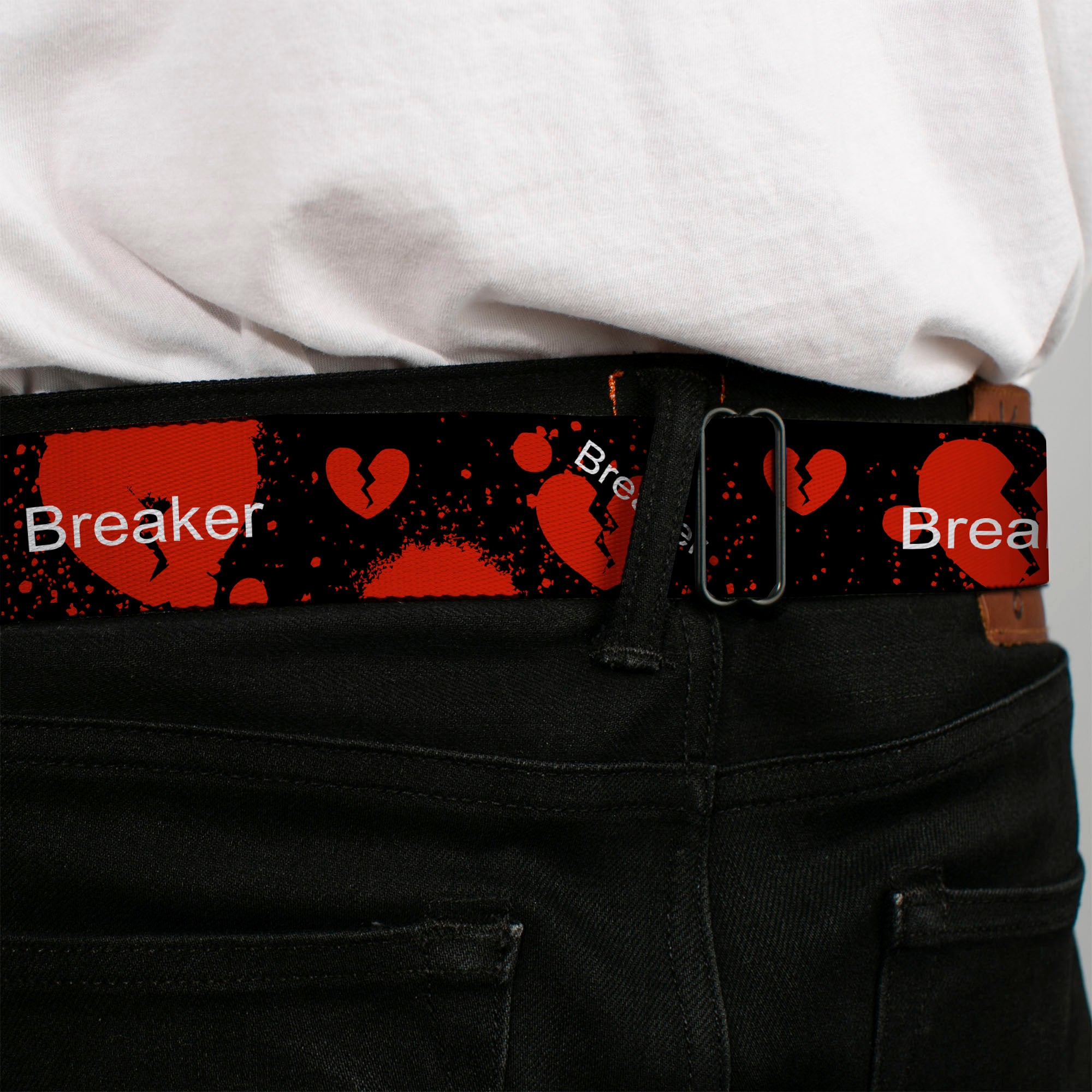 BD Wings Logo CLOSE-UP Full Color Black Silver Seatbelt Belt - Heart Breaker Black/White/Red Webbing Seatbelt Belts Buckle-Down