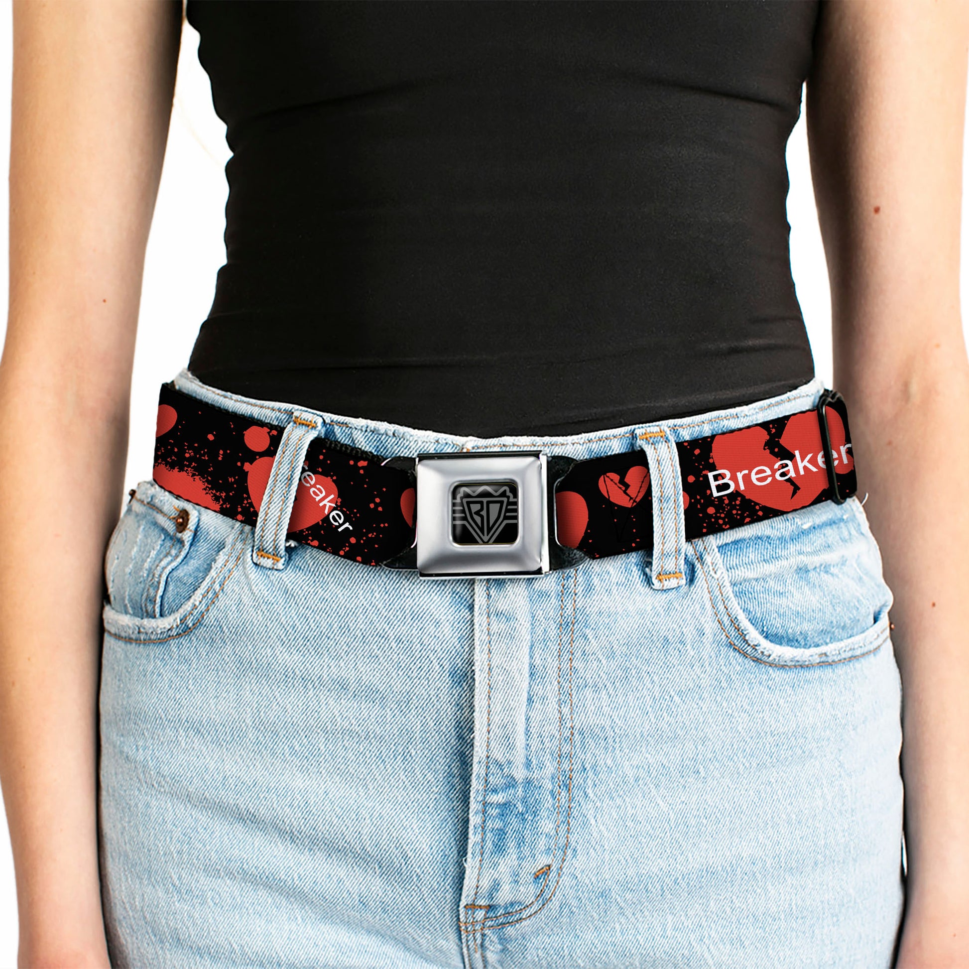 BD Wings Logo CLOSE-UP Full Color Black Silver Seatbelt Belt - Heart Breaker Black/White/Red Webbing Seatbelt Belts Buckle-Down