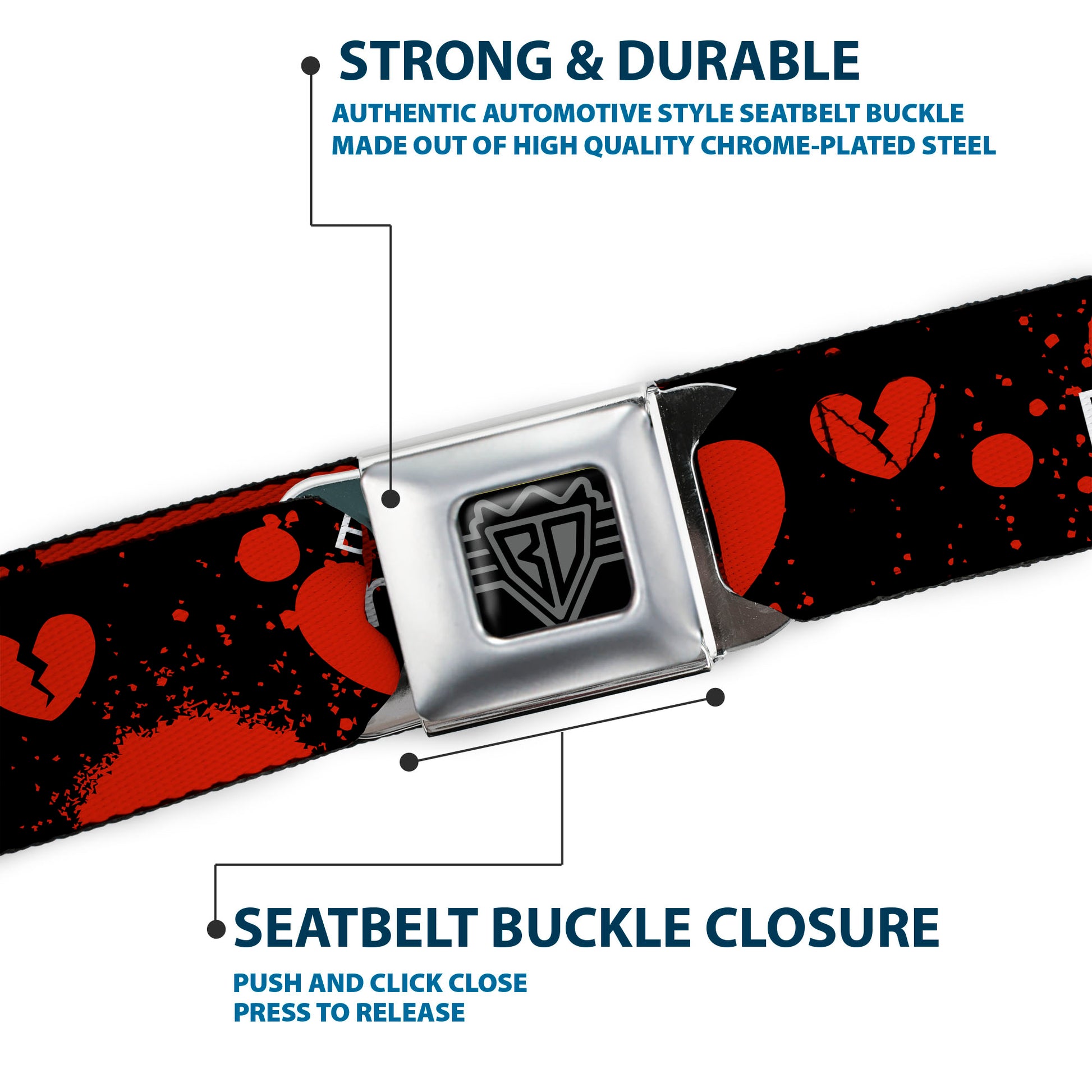 BD Wings Logo CLOSE-UP Full Color Black Silver Seatbelt Belt - Heart Breaker Black/White/Red Webbing Seatbelt Belts Buckle-Down