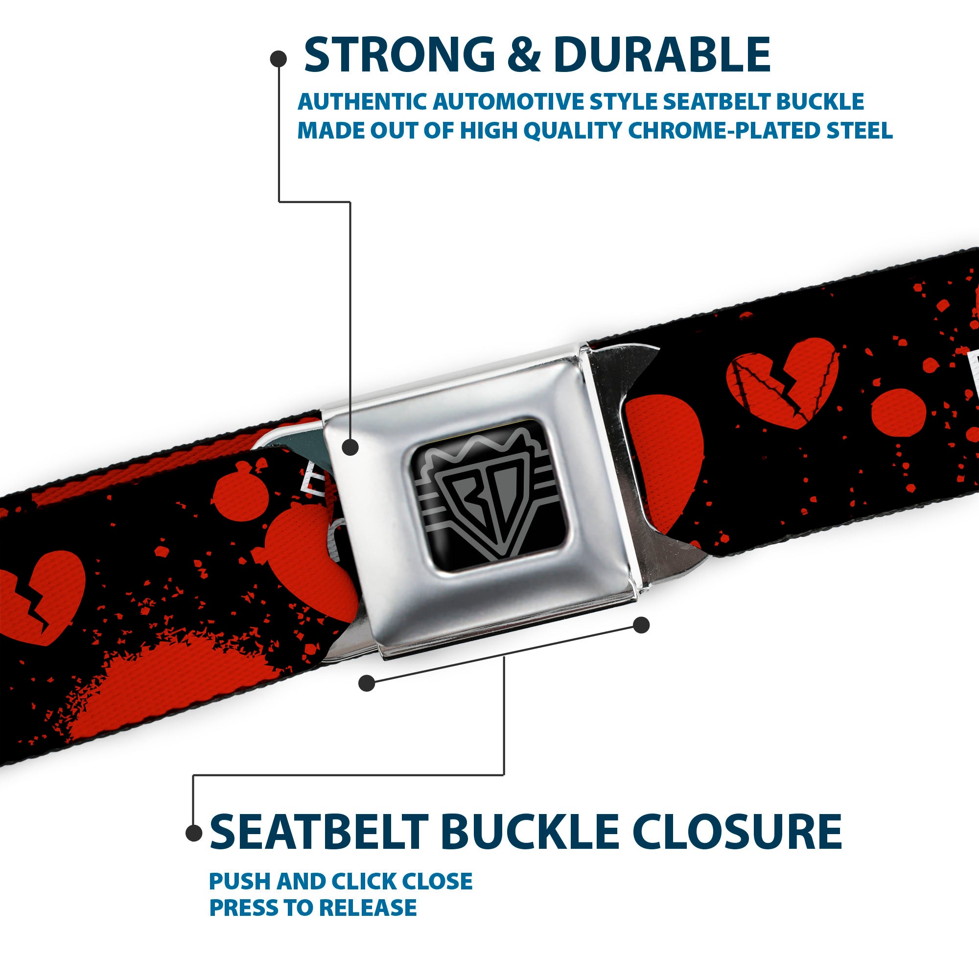 BD Wings Logo CLOSE-UP Full Color Black Silver Seatbelt Belt - Heart Breaker Black/White/Red Webbing Seatbelt Belts Buckle-Down