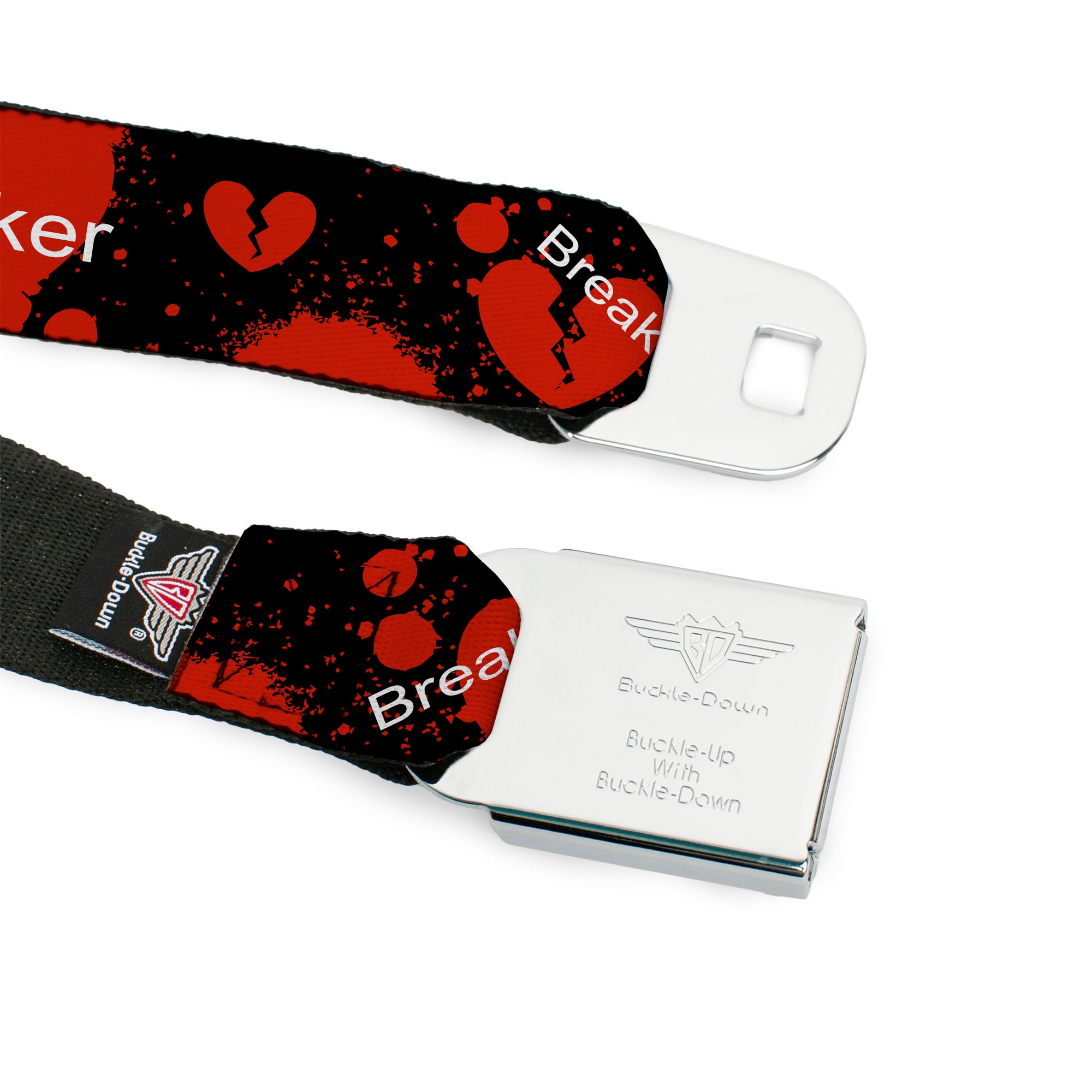 BD Wings Logo CLOSE-UP Full Color Black Silver Seatbelt Belt - Heart Breaker Black/White/Red Webbing Seatbelt Belts Buckle-Down