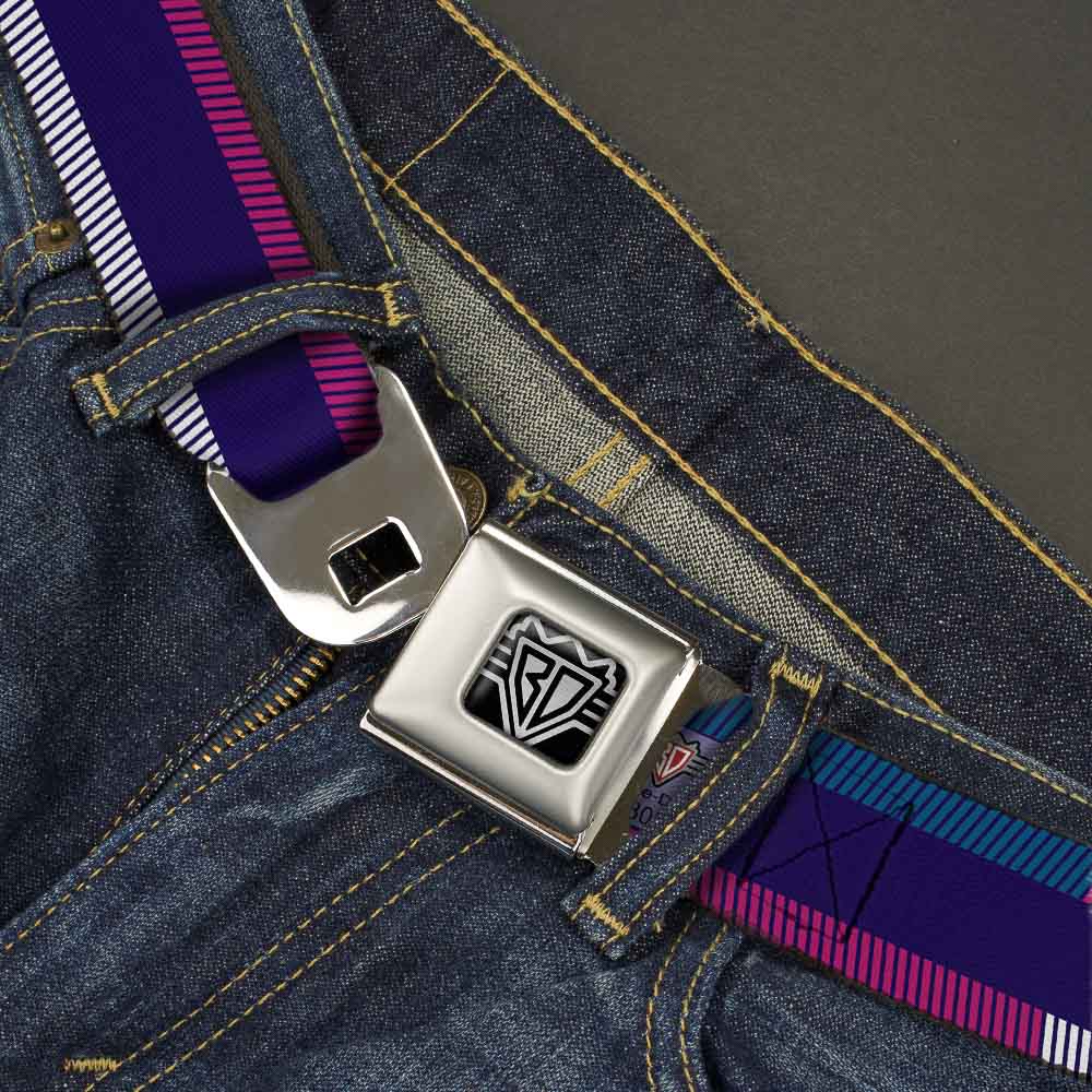 BD Wings Logo CLOSE-UP Full Color Black Silver Seatbelt Belt - Hash Mark Stripe Navy/Turquoise/Fuchsia/White Webbing Seatbelt Belts Buckle-Down