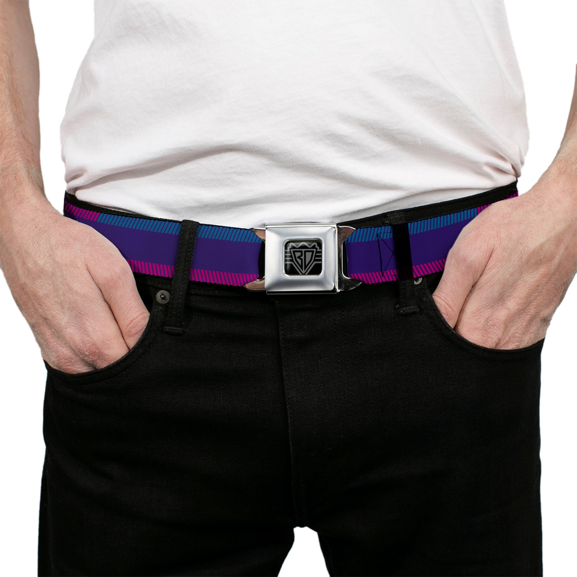 BD Wings Logo CLOSE-UP Full Color Black Silver Seatbelt Belt - Hash Mark Stripe Navy/Turquoise/Fuchsia/White Webbing Seatbelt Belts Buckle-Down