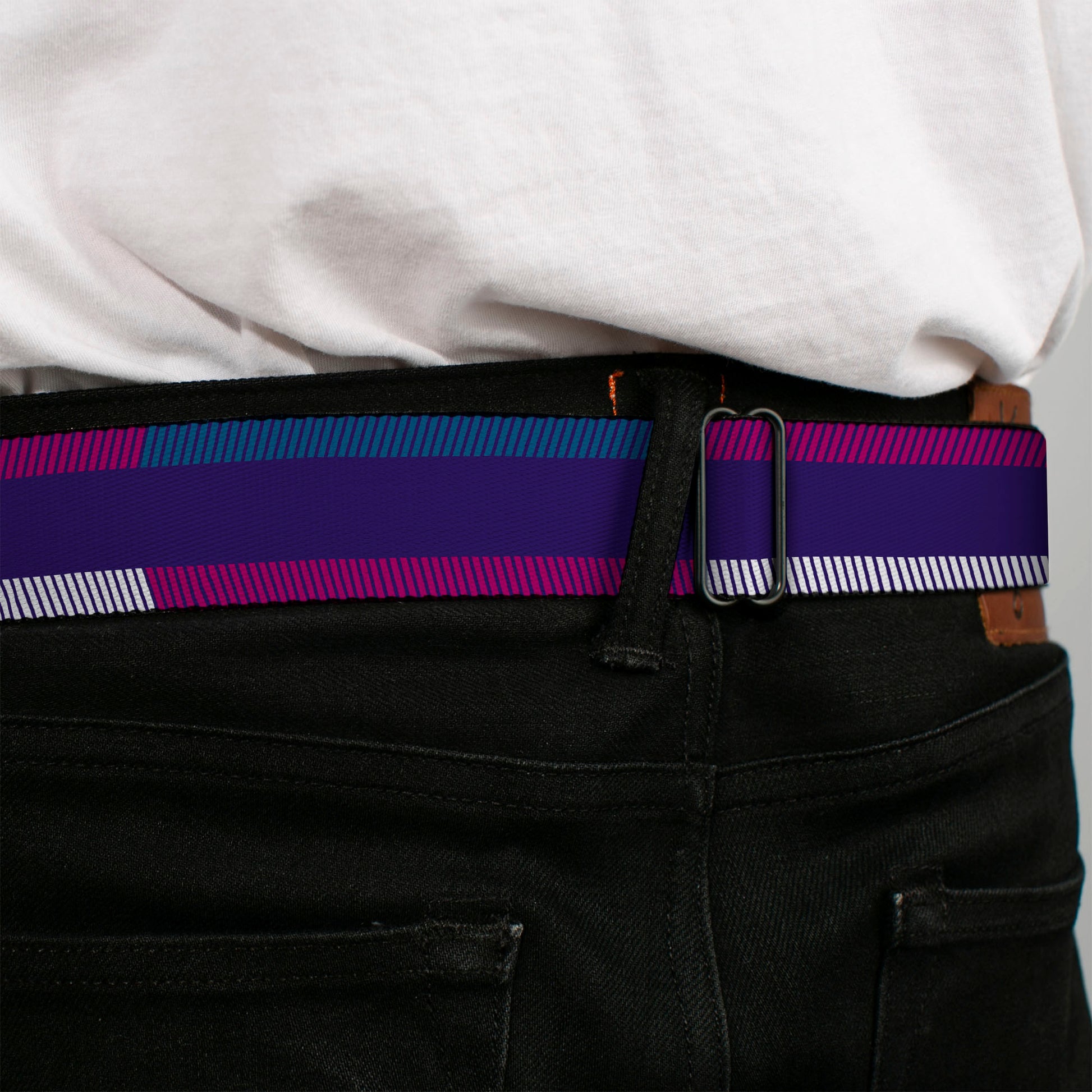 BD Wings Logo CLOSE-UP Full Color Black Silver Seatbelt Belt - Hash Mark Stripe Navy/Turquoise/Fuchsia/White Webbing Seatbelt Belts Buckle-Down
