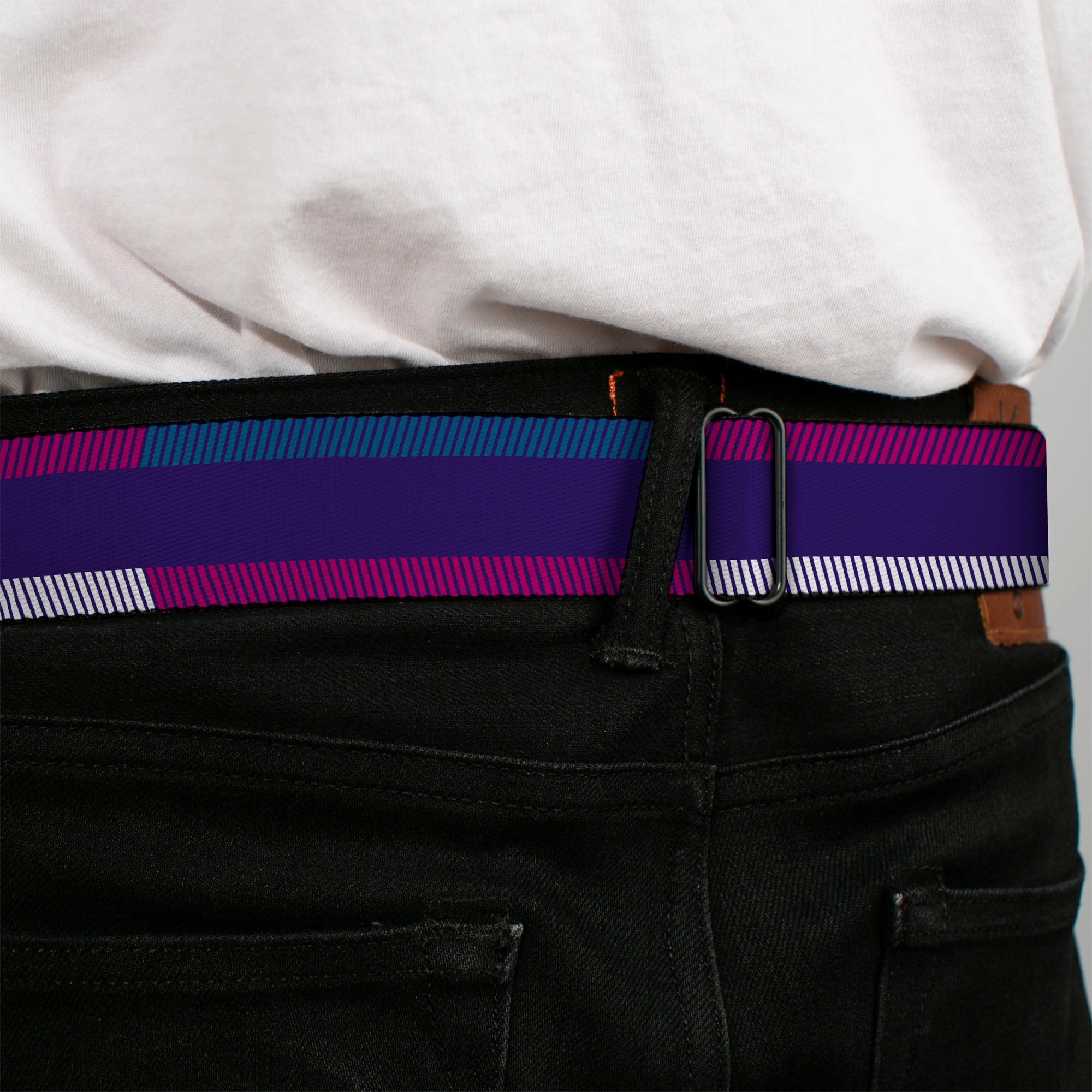 BD Wings Logo CLOSE-UP Full Color Black Silver Seatbelt Belt - Hash Mark Stripe Navy/Turquoise/Fuchsia/White Webbing Seatbelt Belts Buckle-Down