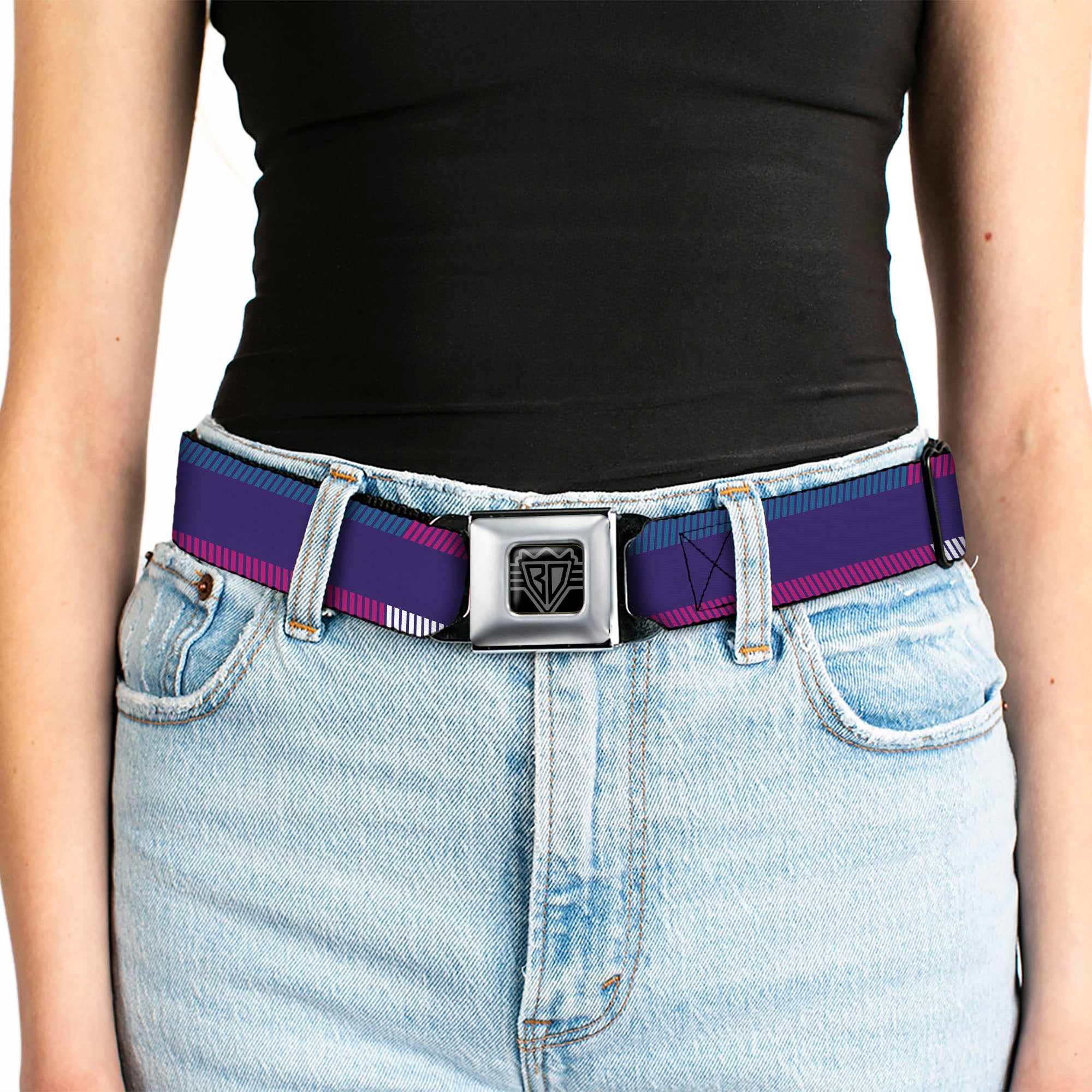 BD Wings Logo CLOSE-UP Full Color Black Silver Seatbelt Belt - Hash Mark Stripe Navy/Turquoise/Fuchsia/White Webbing Seatbelt Belts Buckle-Down