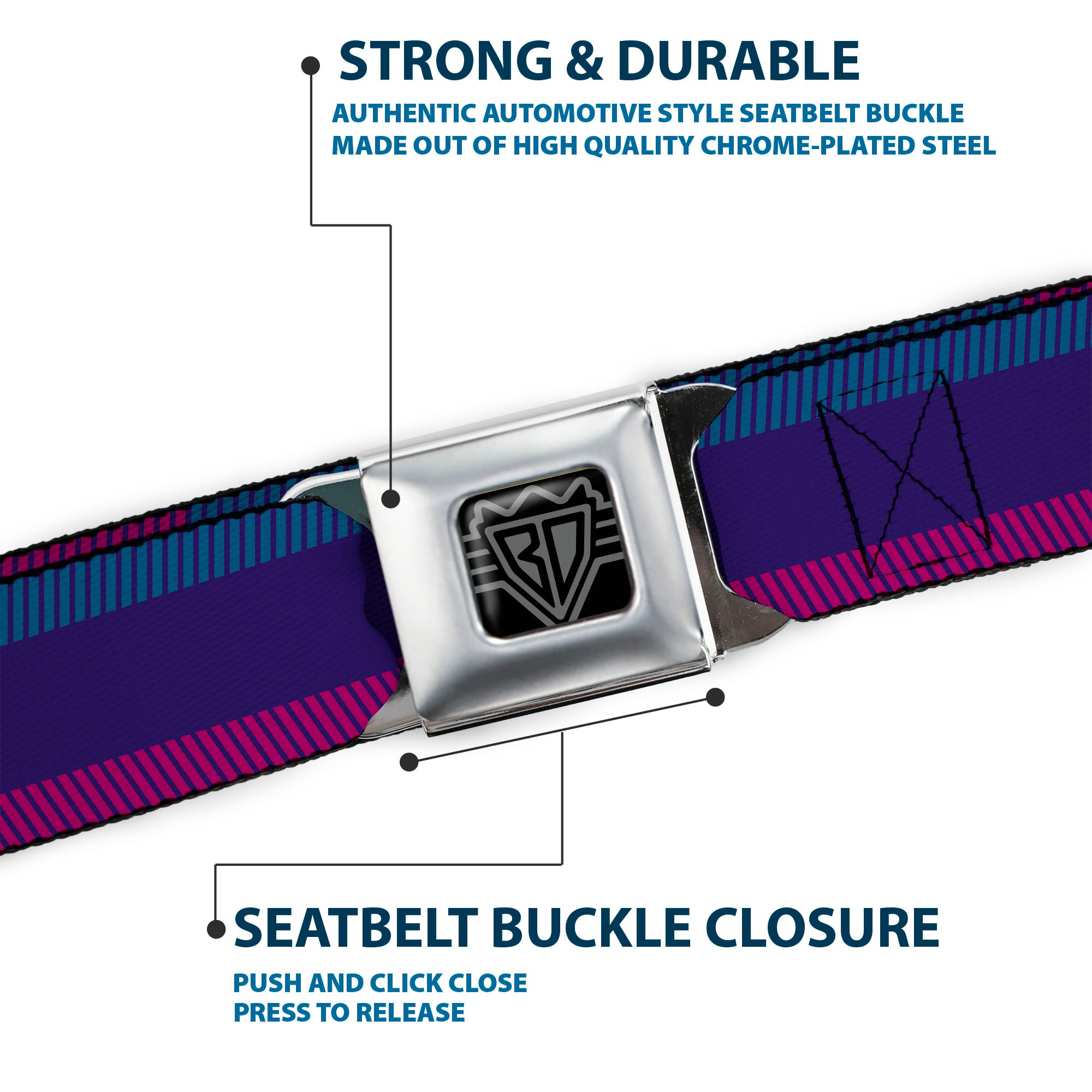 BD Wings Logo CLOSE-UP Full Color Black Silver Seatbelt Belt - Hash Mark Stripe Navy/Turquoise/Fuchsia/White Webbing Seatbelt Belts Buckle-Down