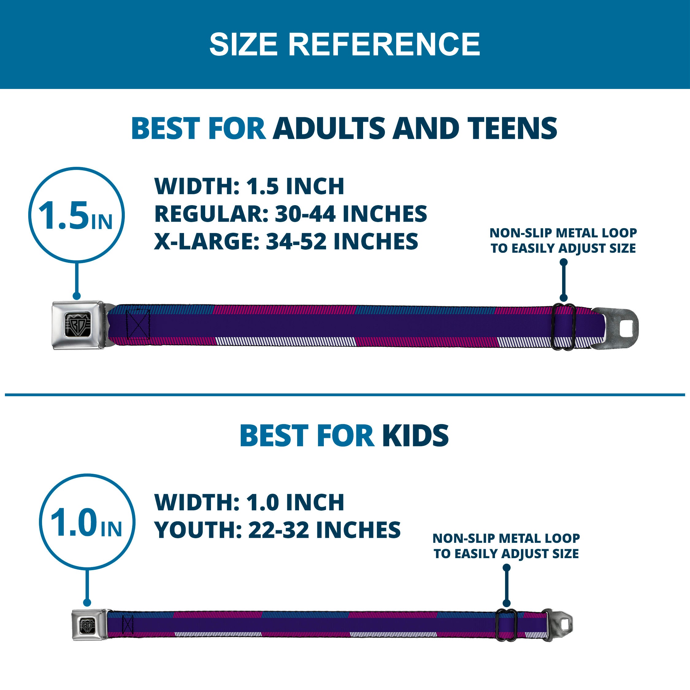 BD Wings Logo CLOSE-UP Full Color Black Silver Seatbelt Belt - Hash Mark Stripe Navy/Turquoise/Fuchsia/White Webbing Seatbelt Belts Buckle-Down