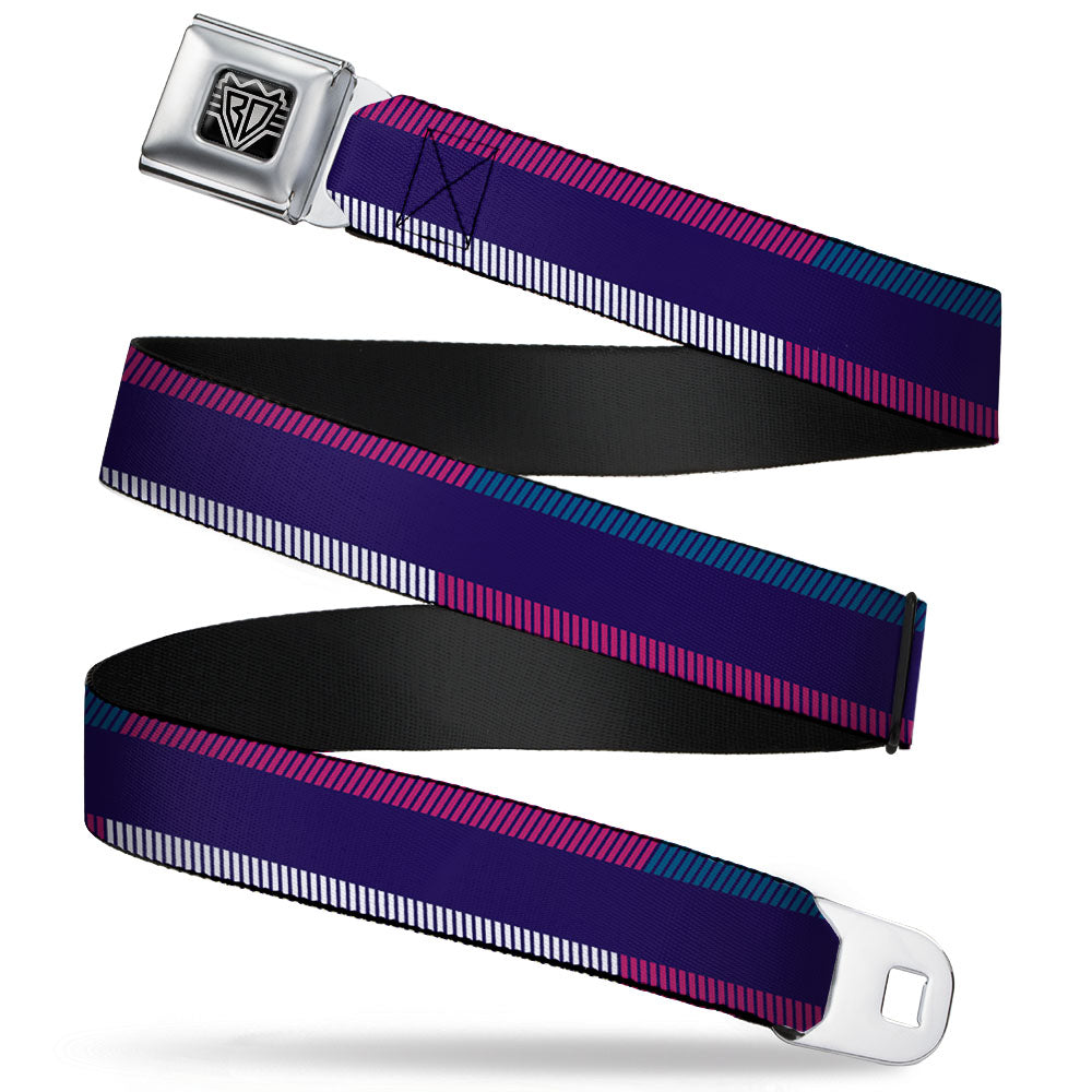 BD Wings Logo CLOSE-UP Full Color Black Silver Seatbelt Belt - Hash Mark Stripe Navy/Turquoise/Fuchsia/White Webbing Seatbelt Belts Buckle-Down
