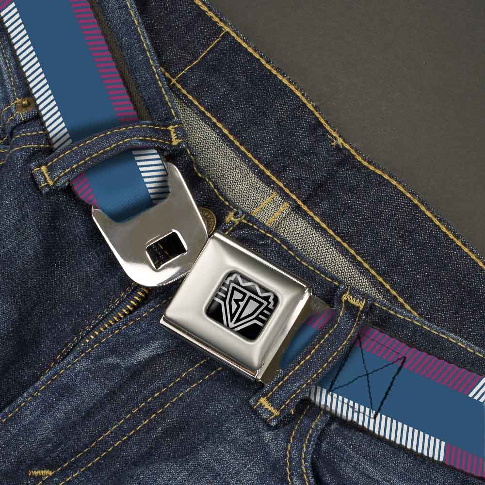 BD Wings Logo CLOSE-UP Full Color Black Silver Seatbelt Belt - Hash Mark Stripe Turquoise/Fuchsia/White Webbing Seatbelt Belts Buckle-Down