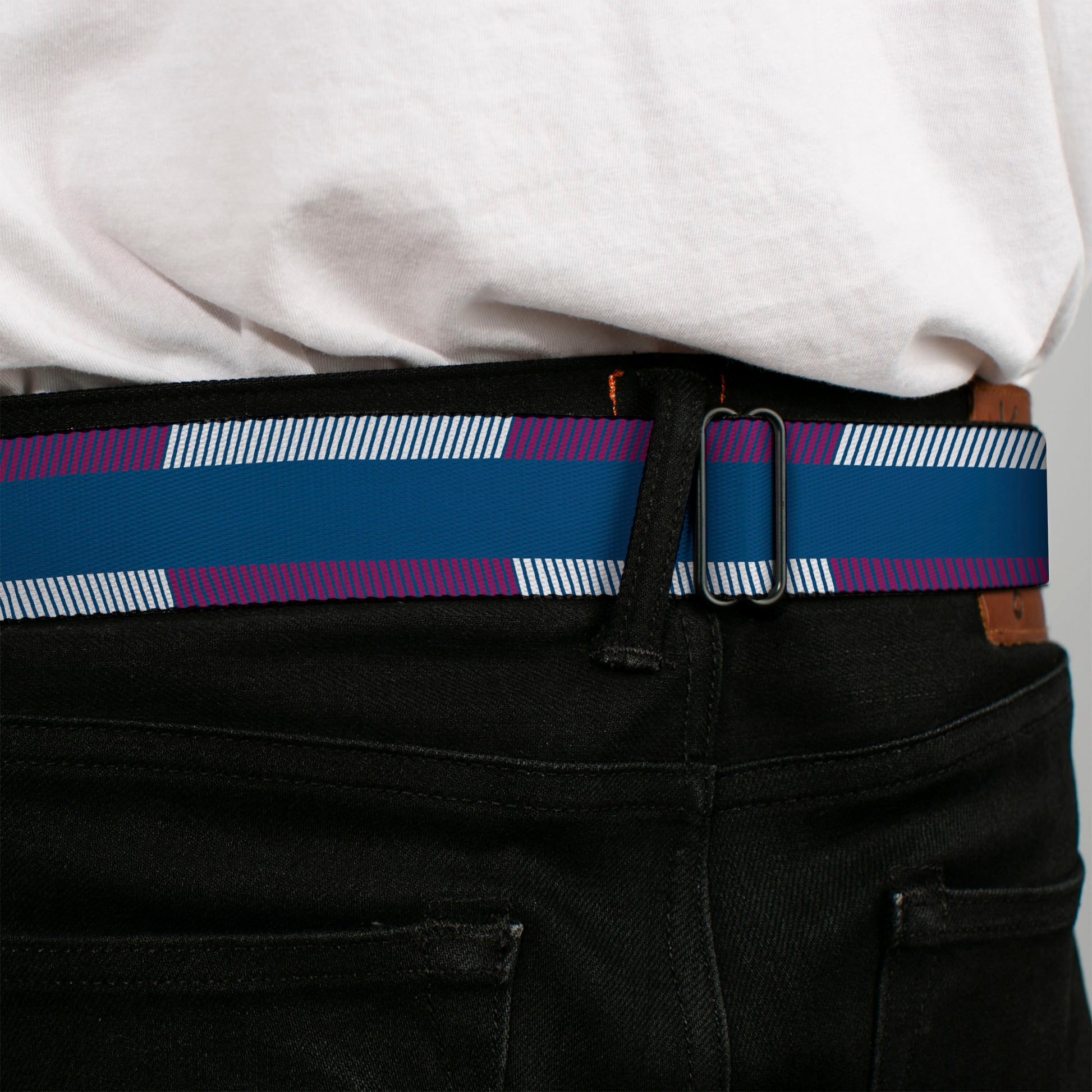 BD Wings Logo CLOSE-UP Full Color Black Silver Seatbelt Belt - Hash Mark Stripe Turquoise/Fuchsia/White Webbing Seatbelt Belts Buckle-Down