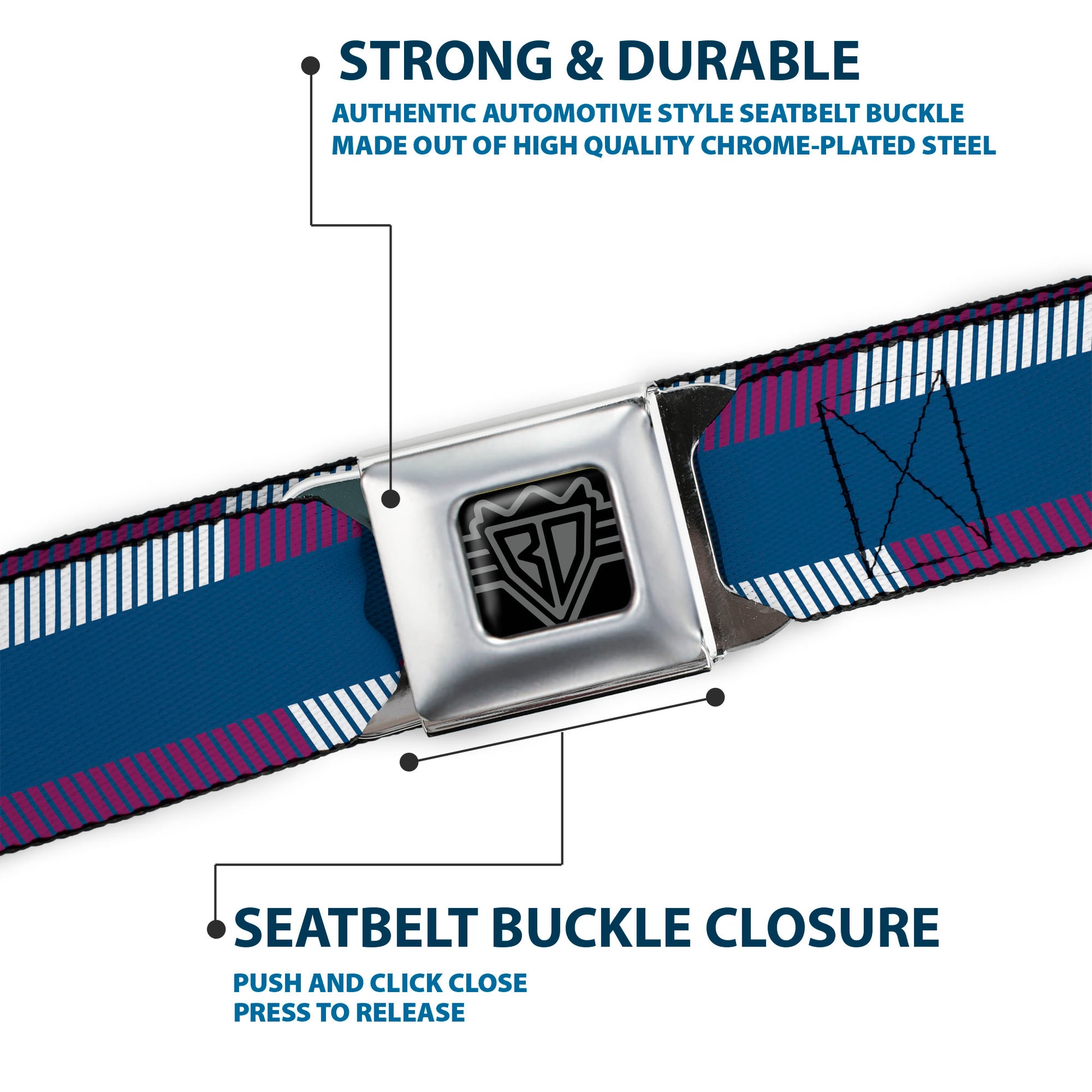BD Wings Logo CLOSE-UP Full Color Black Silver Seatbelt Belt - Hash Mark Stripe Turquoise/Fuchsia/White Webbing Seatbelt Belts Buckle-Down