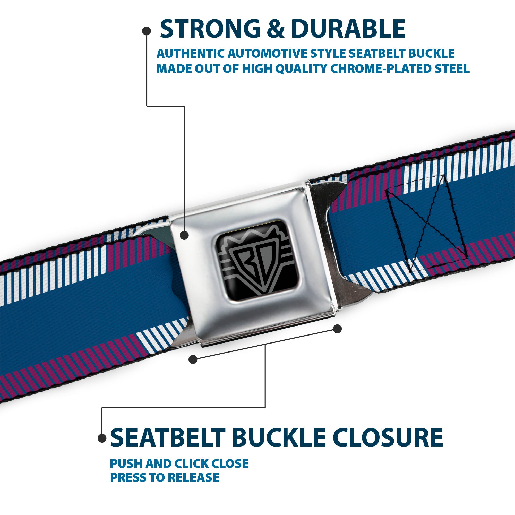 BD Wings Logo CLOSE-UP Full Color Black Silver Seatbelt Belt - Hash Mark Stripe Turquoise/Fuchsia/White Webbing Seatbelt Belts Buckle-Down