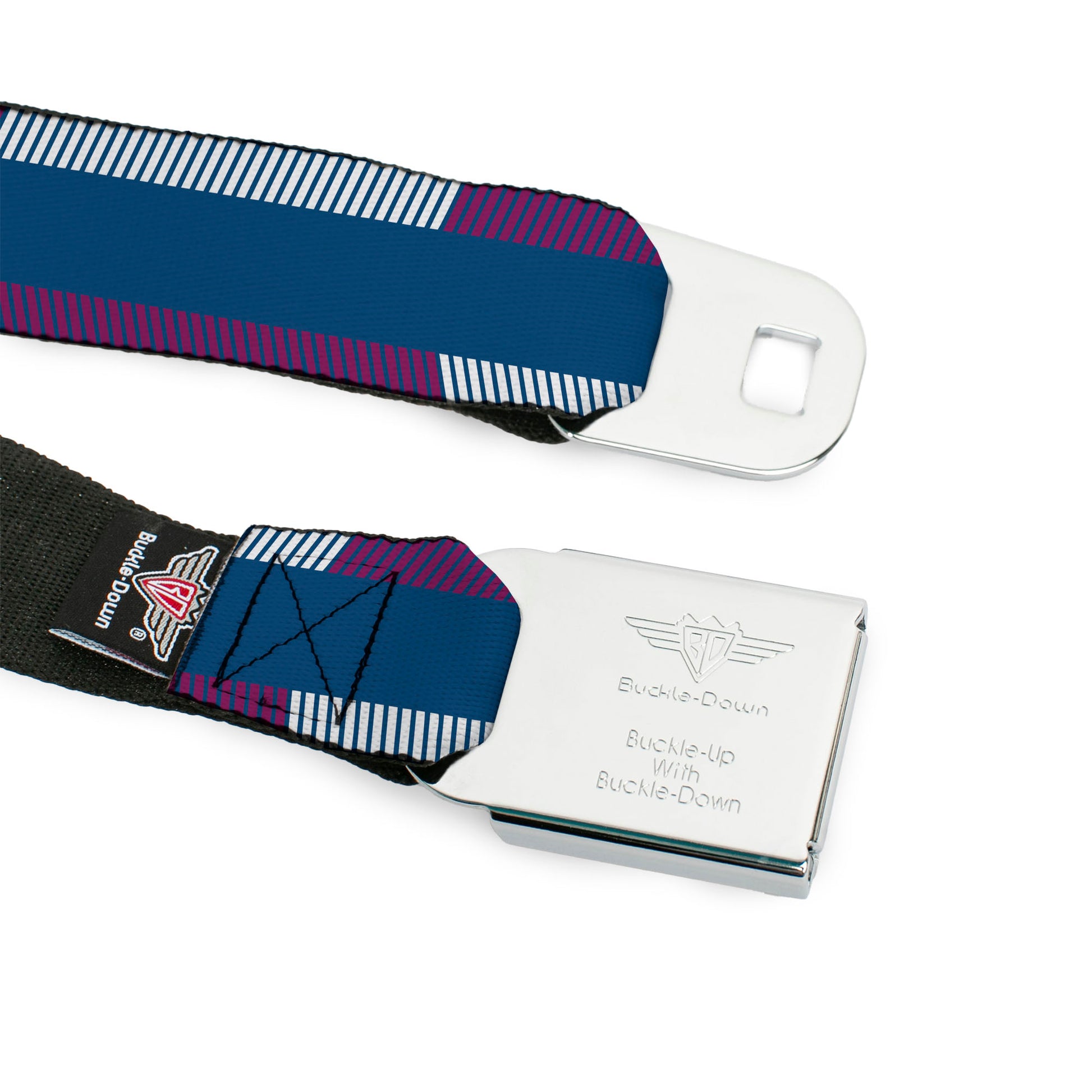 BD Wings Logo CLOSE-UP Full Color Black Silver Seatbelt Belt - Hash Mark Stripe Turquoise/Fuchsia/White Webbing Seatbelt Belts Buckle-Down