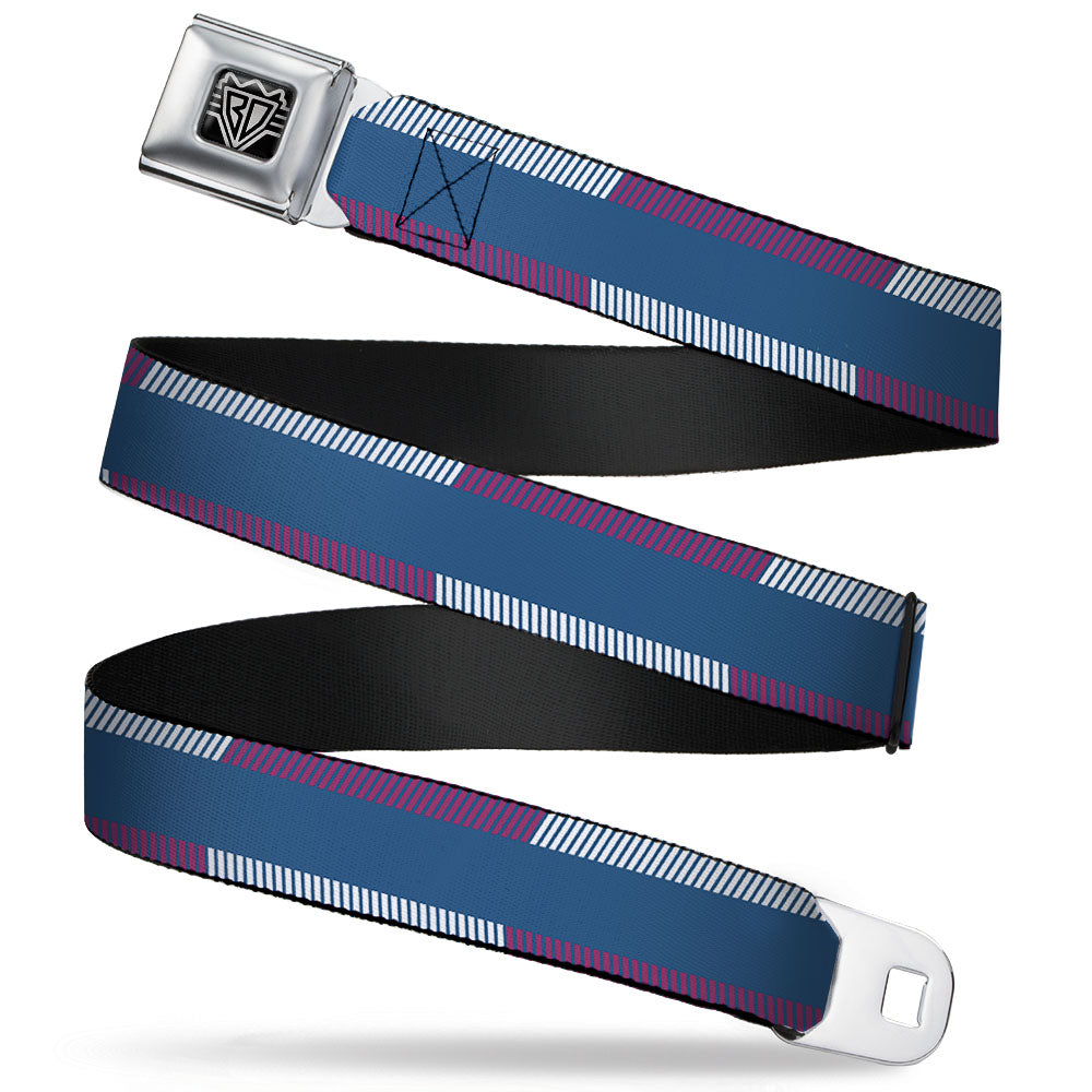 BD Wings Logo CLOSE-UP Full Color Black Silver Seatbelt Belt - Hash Mark Stripe Turquoise/Fuchsia/White Webbing Seatbelt Belts Buckle-Down