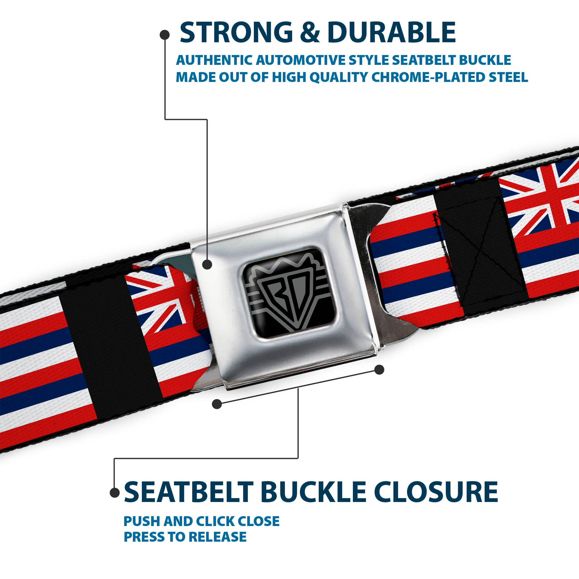 BD Wings Logo CLOSE-UP Full Color Black Silver Seatbelt Belt - Hawaii Flags Webbing Seatbelt Belts Buckle-Down