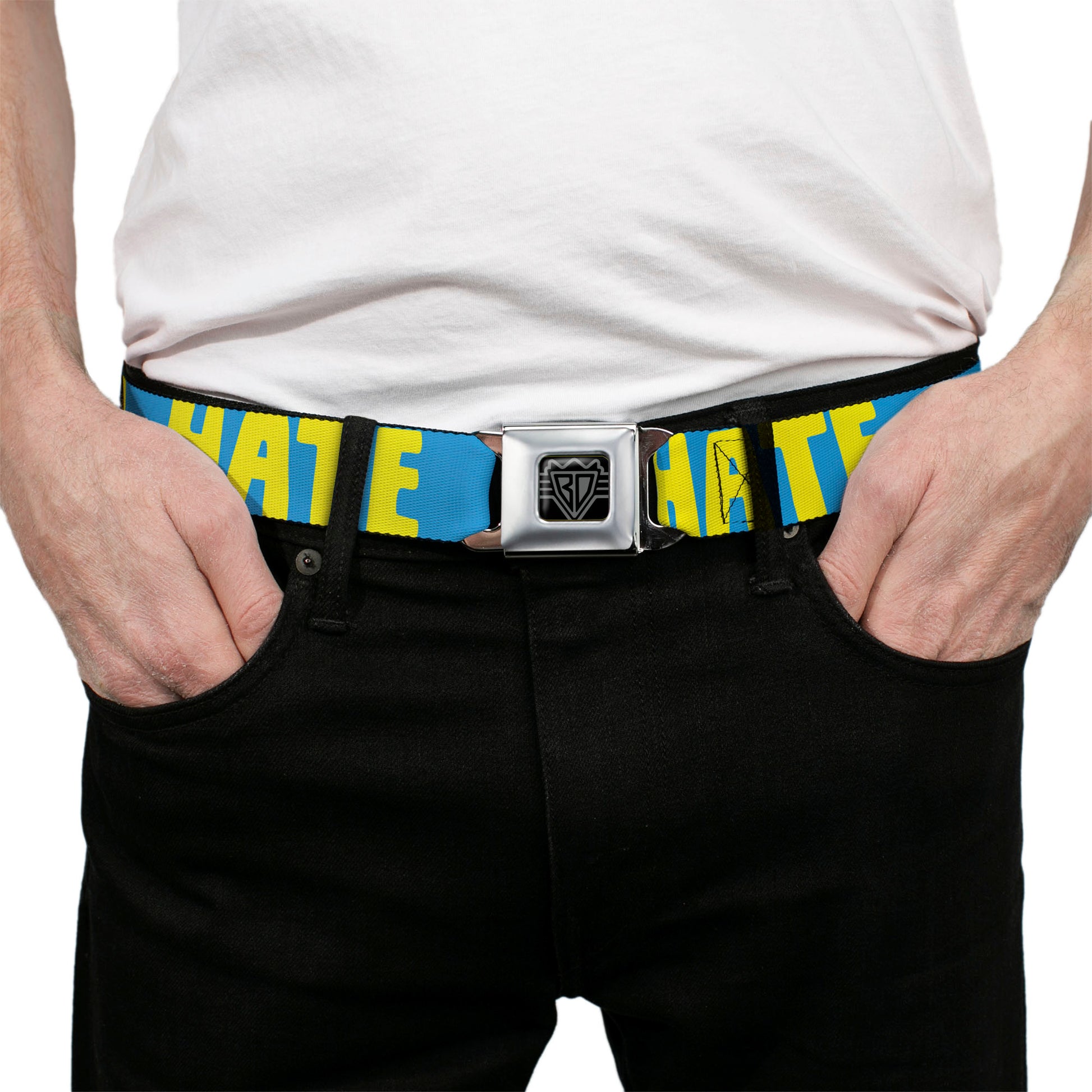 BD Wings Logo CLOSE-UP Full Color Black Silver Seatbelt Belt - HATERS GONNA HATE Turquoise/Yellow Webbing Seatbelt Belts Buckle-Down