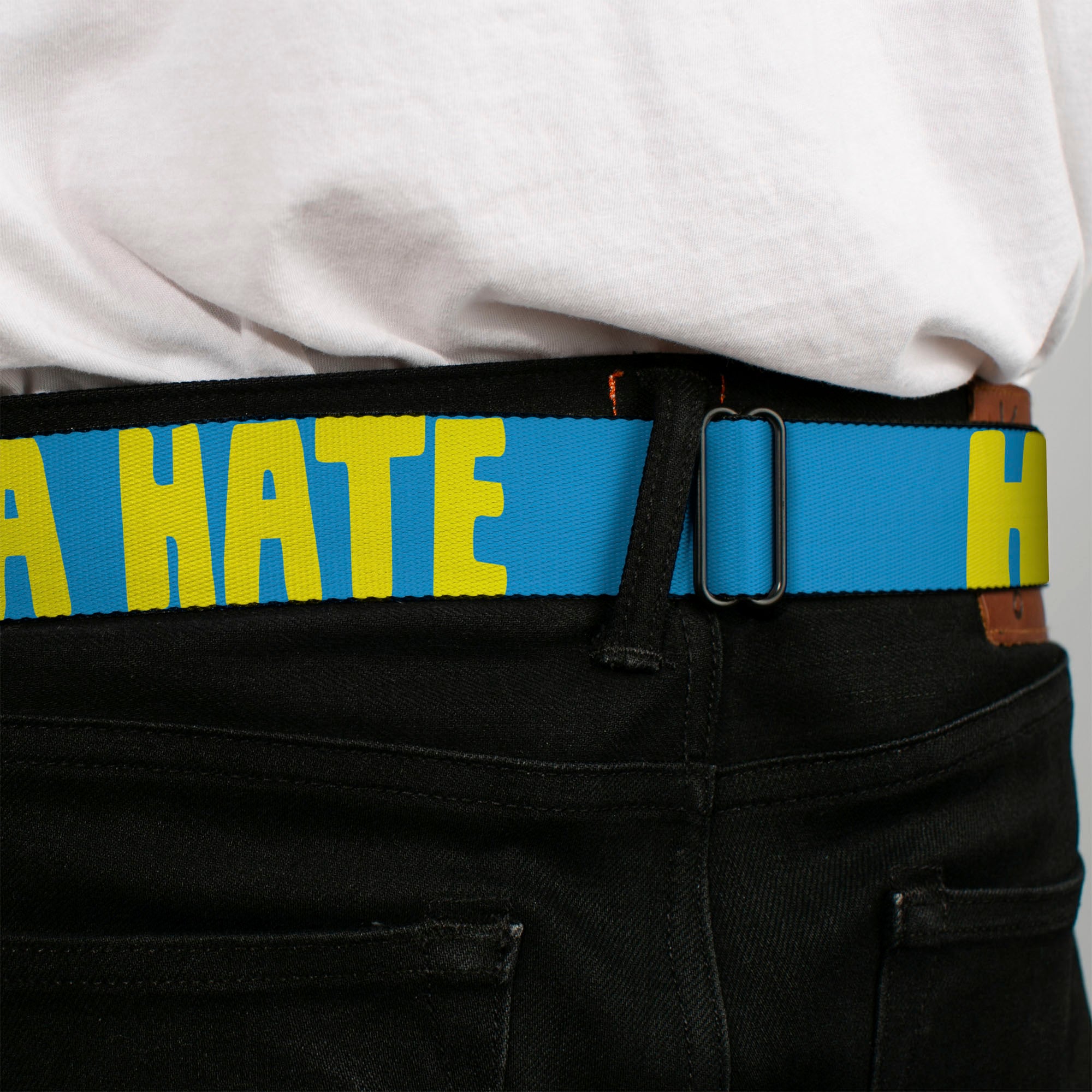 BD Wings Logo CLOSE-UP Full Color Black Silver Seatbelt Belt - HATERS GONNA HATE Turquoise/Yellow Webbing Seatbelt Belts Buckle-Down
