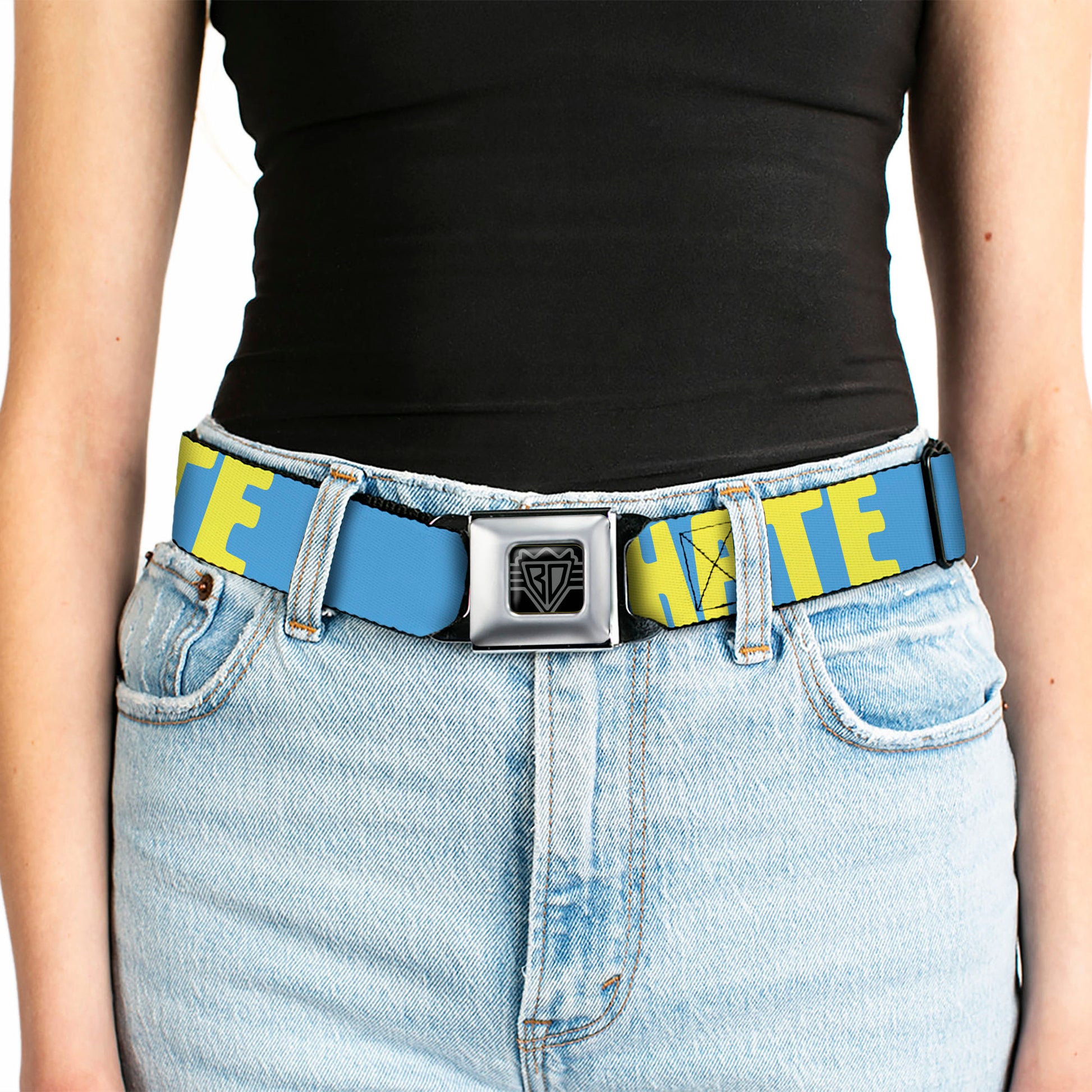 BD Wings Logo CLOSE-UP Full Color Black Silver Seatbelt Belt - HATERS GONNA HATE Turquoise/Yellow Webbing Seatbelt Belts Buckle-Down