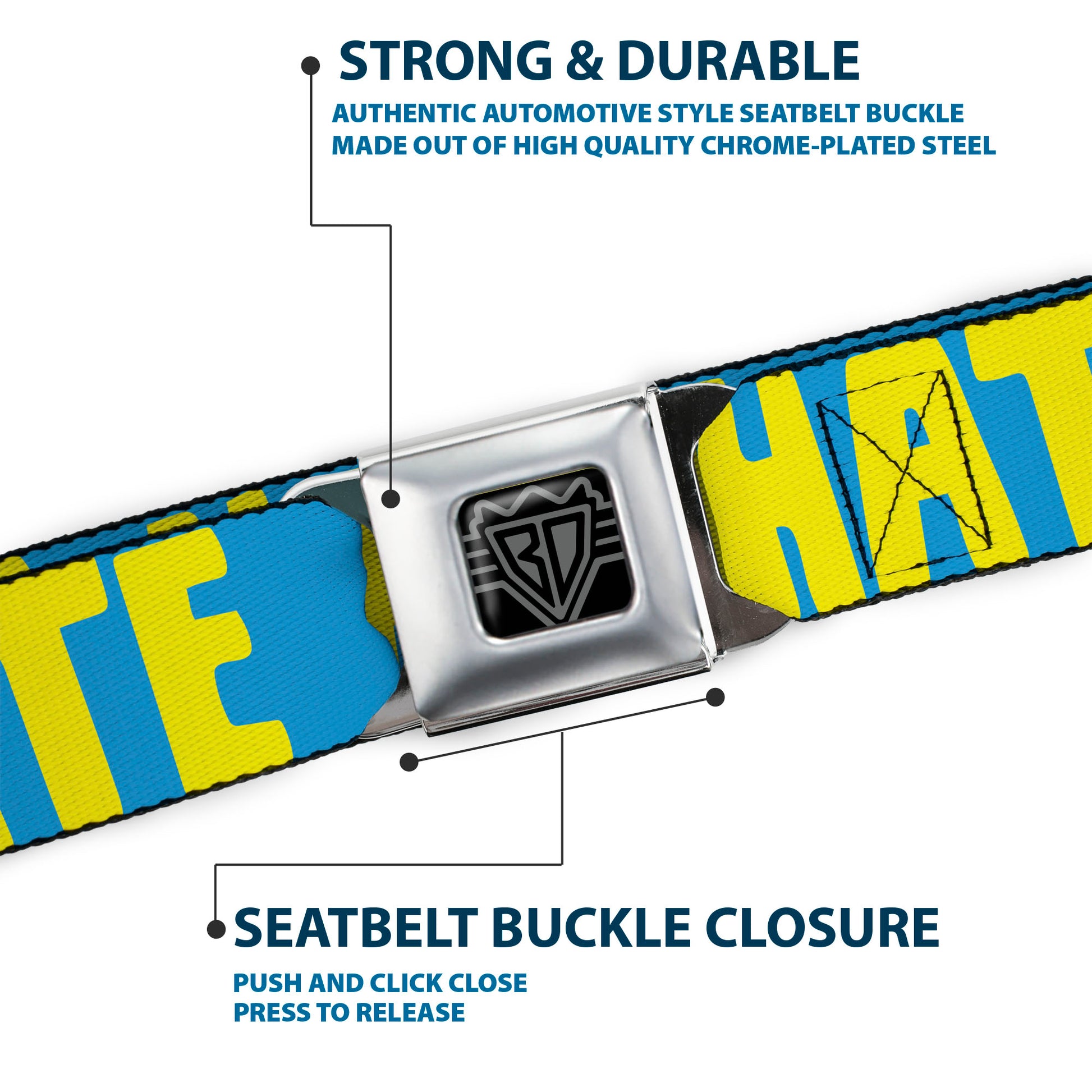 BD Wings Logo CLOSE-UP Full Color Black Silver Seatbelt Belt - HATERS GONNA HATE Turquoise/Yellow Webbing Seatbelt Belts Buckle-Down