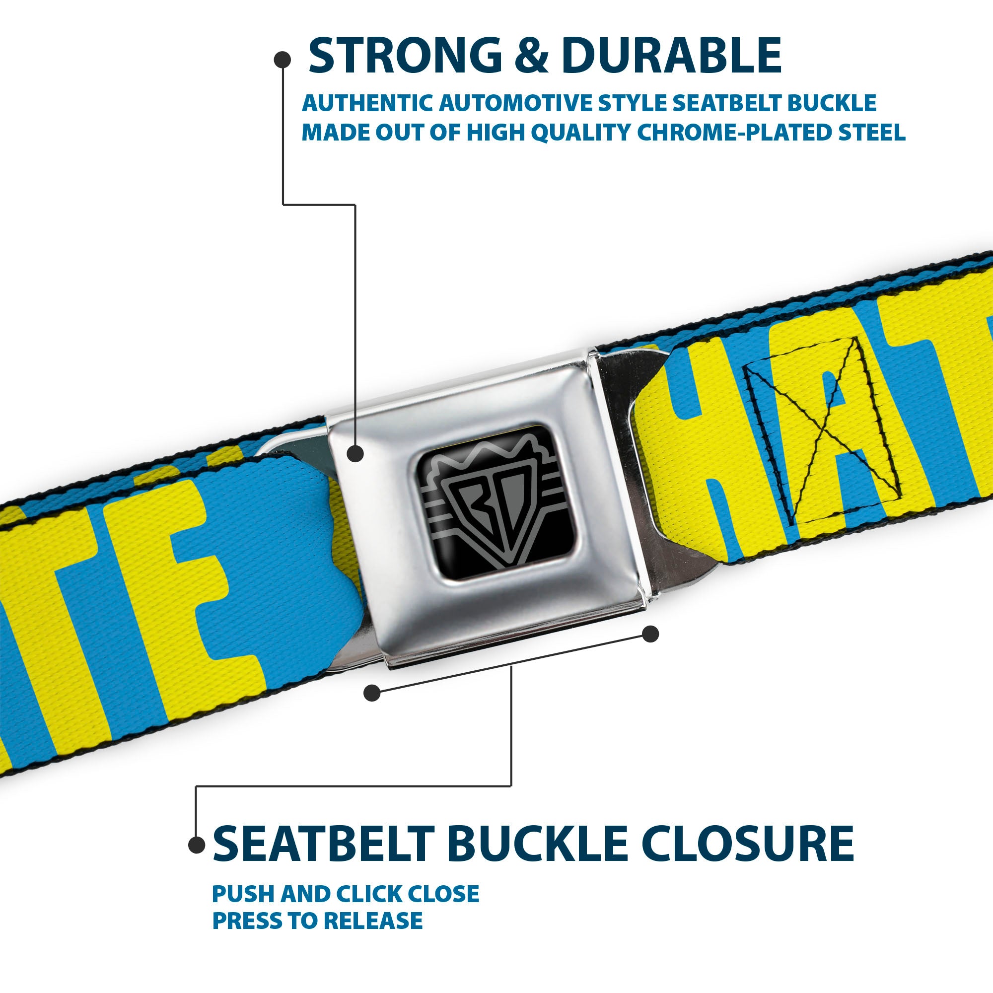BD Wings Logo CLOSE-UP Full Color Black Silver Seatbelt Belt - HATERS GONNA HATE Turquoise/Yellow Webbing Seatbelt Belts Buckle-Down
