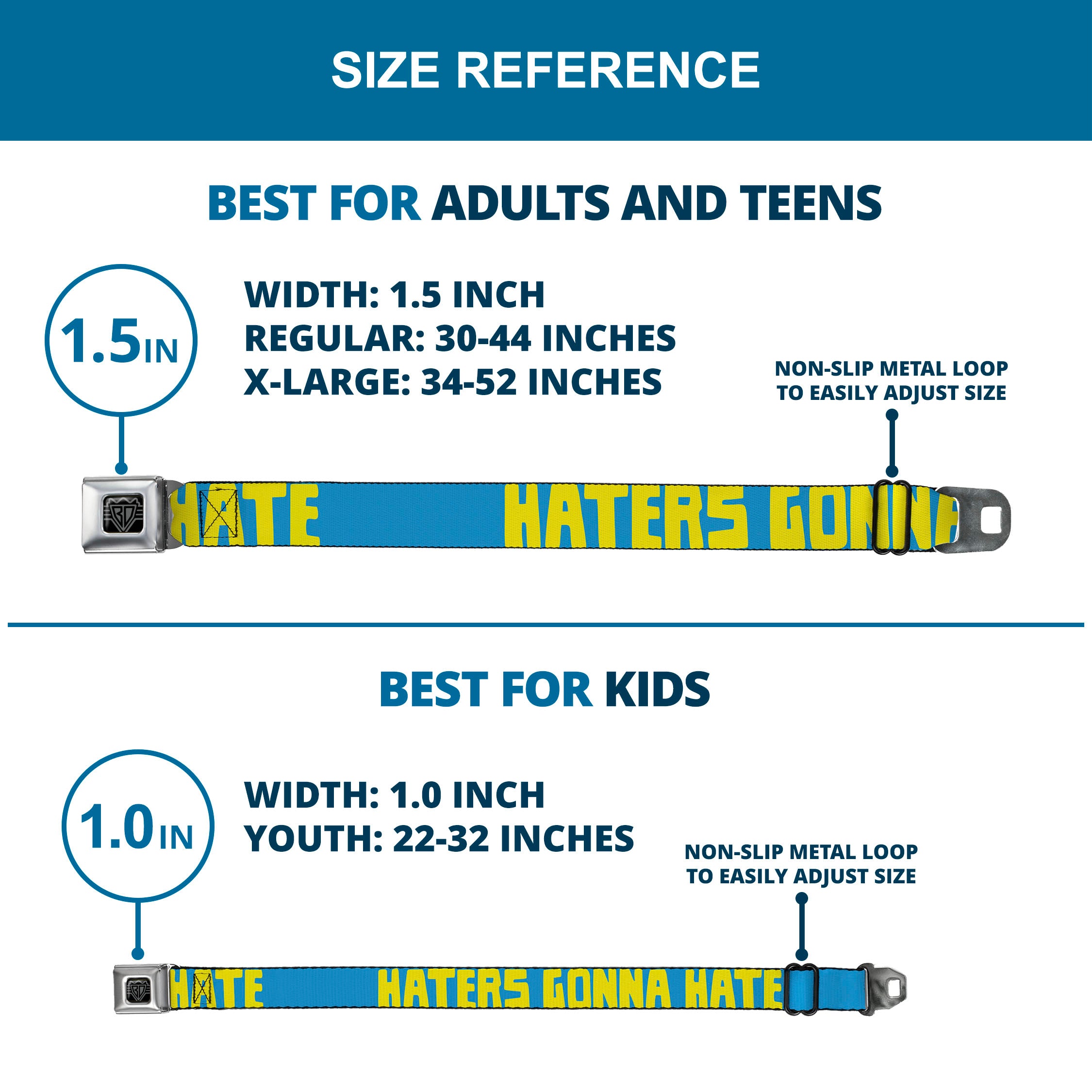 BD Wings Logo CLOSE-UP Full Color Black Silver Seatbelt Belt - HATERS GONNA HATE Turquoise/Yellow Webbing Seatbelt Belts Buckle-Down