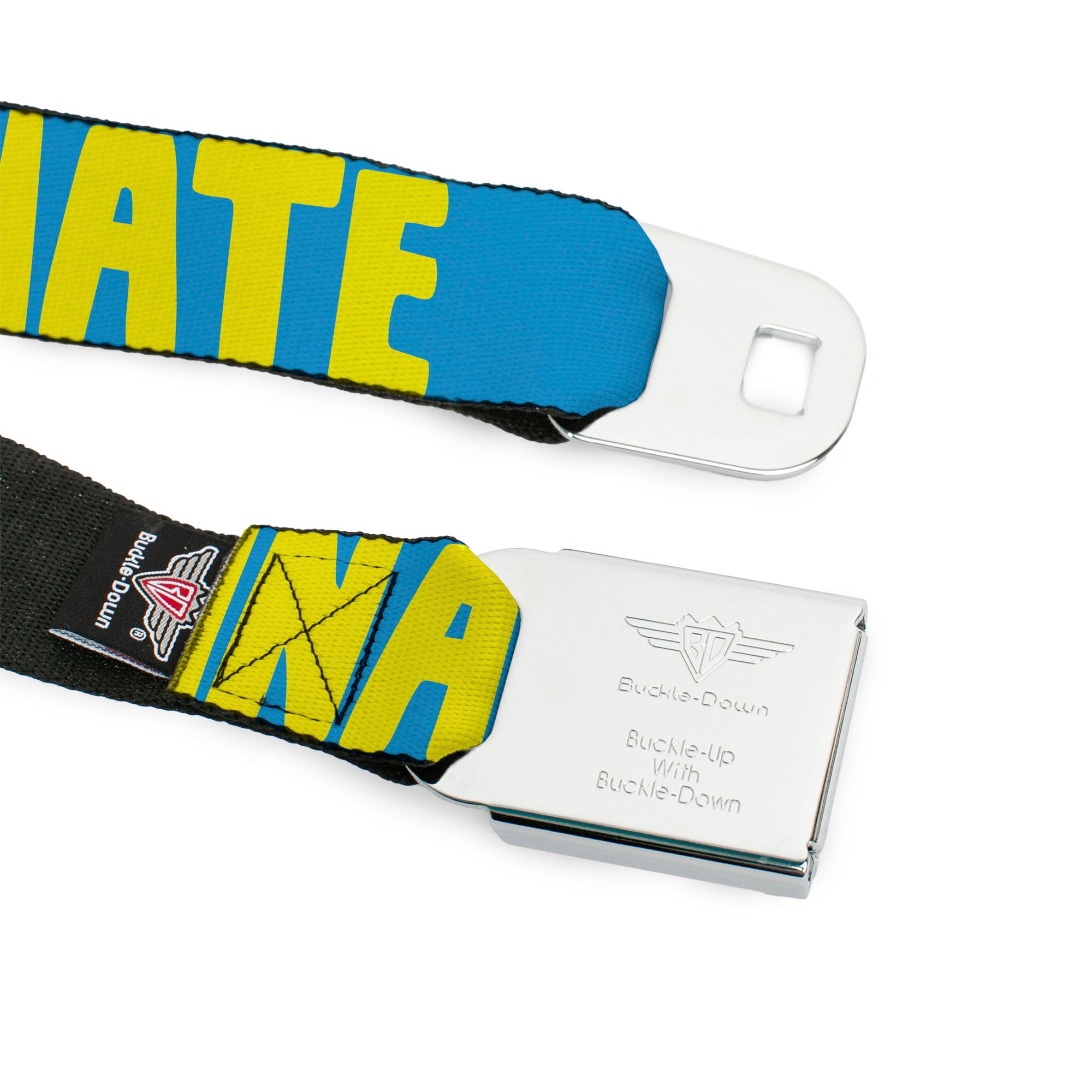 BD Wings Logo CLOSE-UP Full Color Black Silver Seatbelt Belt - HATERS GONNA HATE Turquoise/Yellow Webbing Seatbelt Belts Buckle-Down