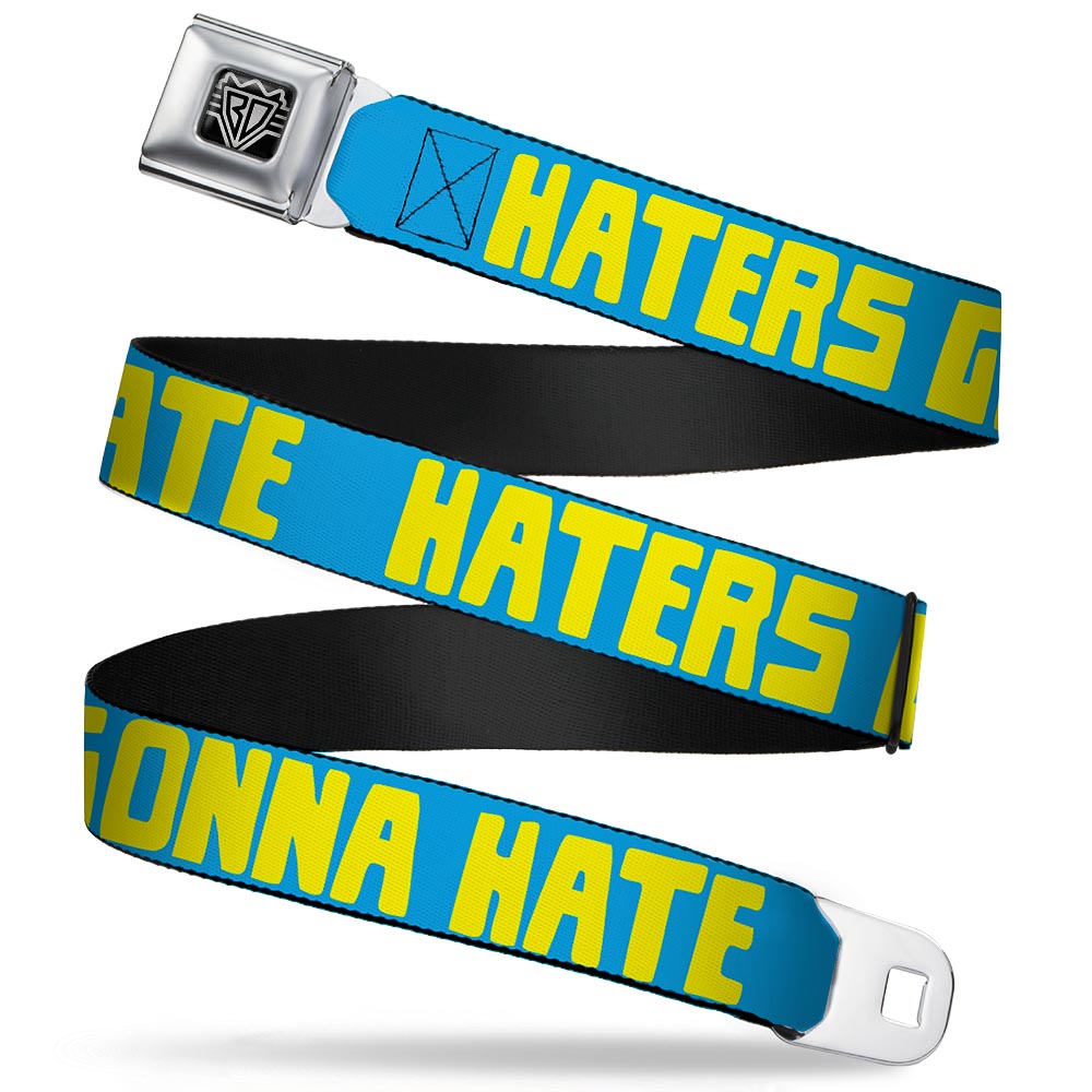 BD Wings Logo CLOSE-UP Full Color Black Silver Seatbelt Belt - HATERS GONNA HATE Turquoise/Yellow Webbing Seatbelt Belts Buckle-Down