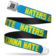 BD Wings Logo CLOSE-UP Full Color Black Silver Seatbelt Belt - HATERS GONNA HATE Turquoise/Yellow Webbing Seatbelt Belts Buckle-Down
