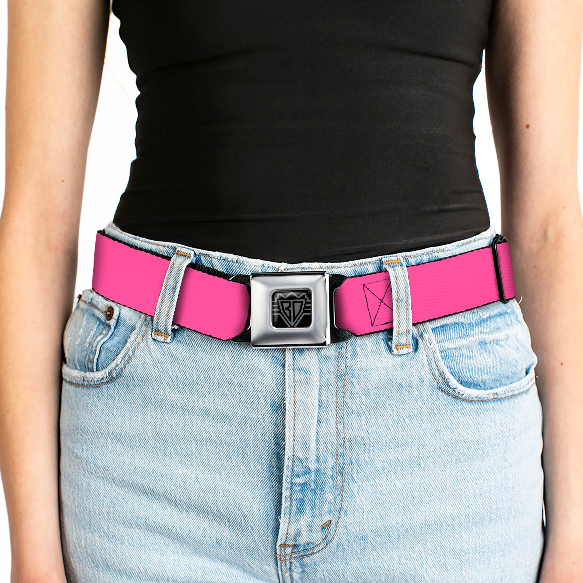 BD Wings Logo CLOSE-UP Full Color Black Silver Seatbelt Belt - Hot Pink Webbing Seatbelt Belts Buckle-Down