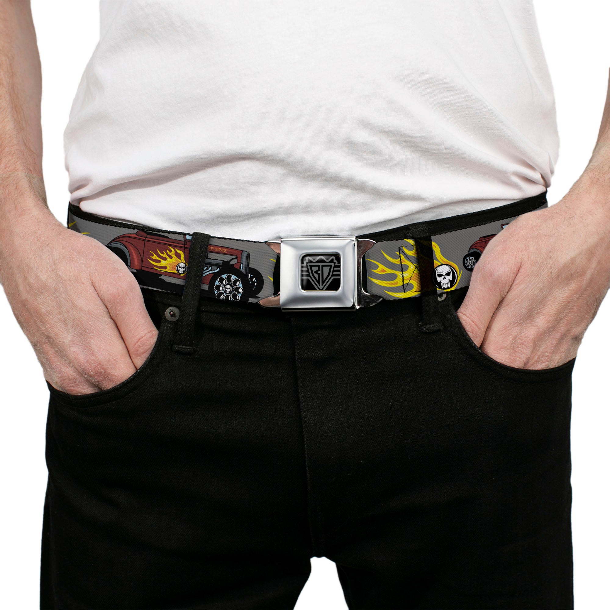 BD Wings Logo CLOSE-UP Full Color Black Silver Seatbelt Belt - Hot Rod w/Flame Skull Webbing Seatbelt Belts Buckle-Down