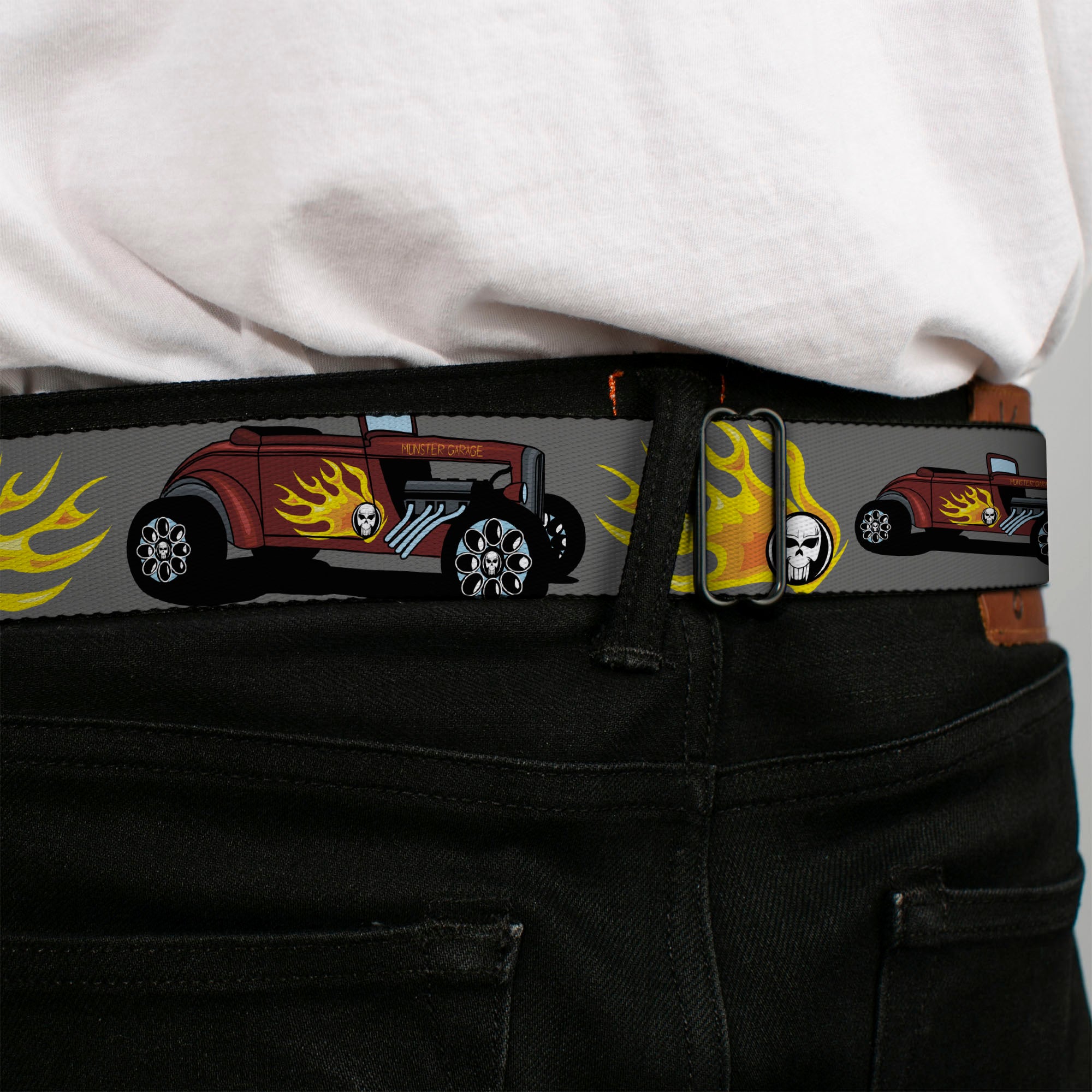 BD Wings Logo CLOSE-UP Full Color Black Silver Seatbelt Belt - Hot Rod w/Flame Skull Webbing Seatbelt Belts Buckle-Down