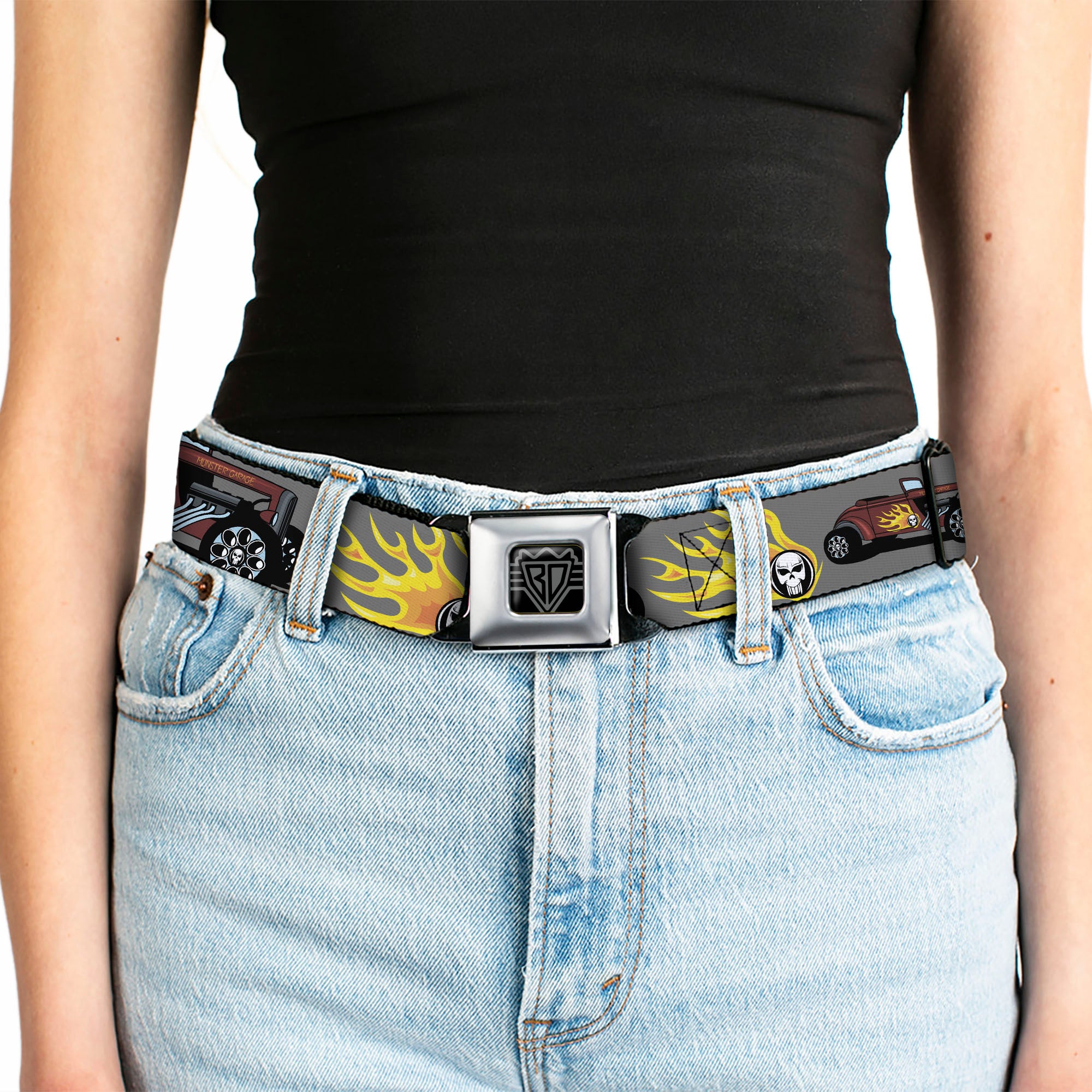 BD Wings Logo CLOSE-UP Full Color Black Silver Seatbelt Belt - Hot Rod w/Flame Skull Webbing Seatbelt Belts Buckle-Down