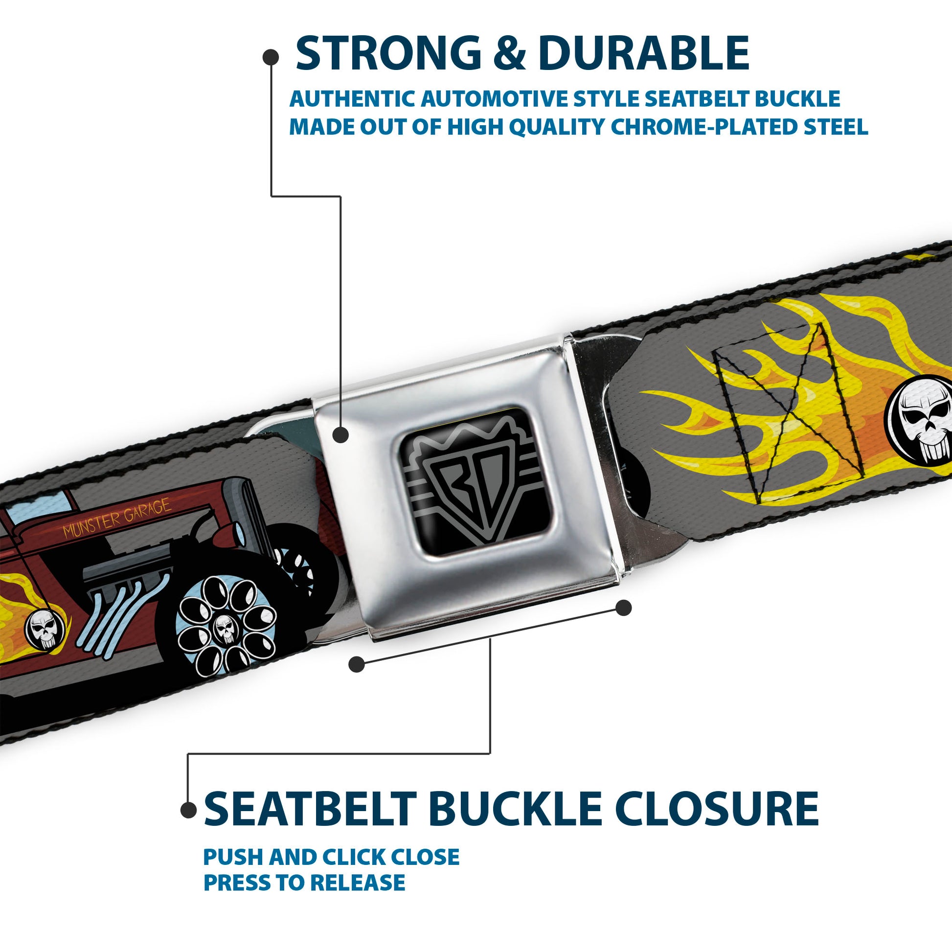 BD Wings Logo CLOSE-UP Full Color Black Silver Seatbelt Belt - Hot Rod w/Flame Skull Webbing Seatbelt Belts Buckle-Down