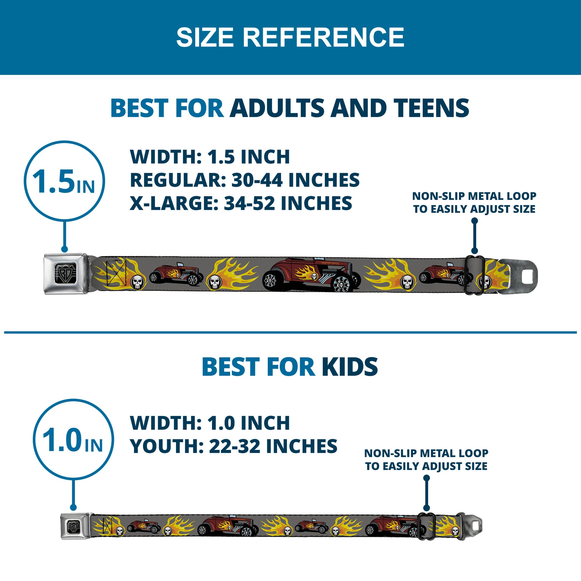 BD Wings Logo CLOSE-UP Full Color Black Silver Seatbelt Belt - Hot Rod w/Flame Skull Webbing Seatbelt Belts Buckle-Down