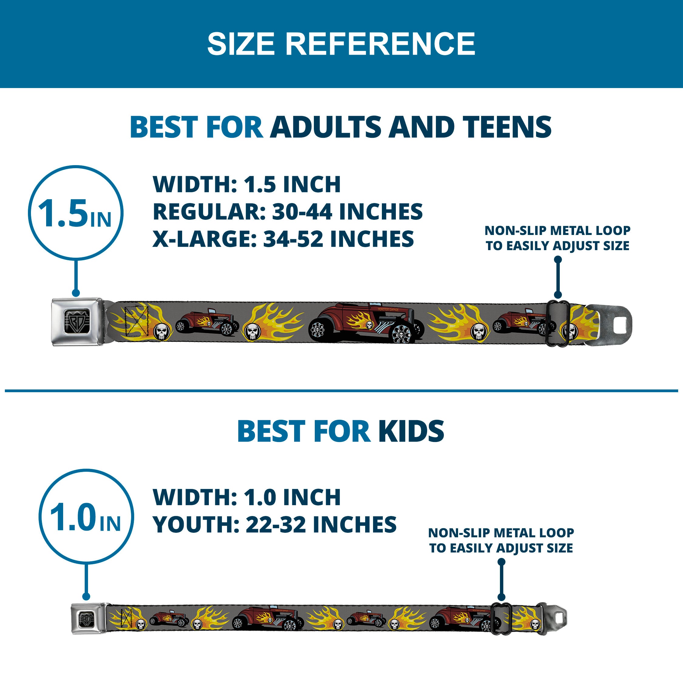 BD Wings Logo CLOSE-UP Full Color Black Silver Seatbelt Belt - Hot Rod w/Flame Skull Webbing Seatbelt Belts Buckle-Down