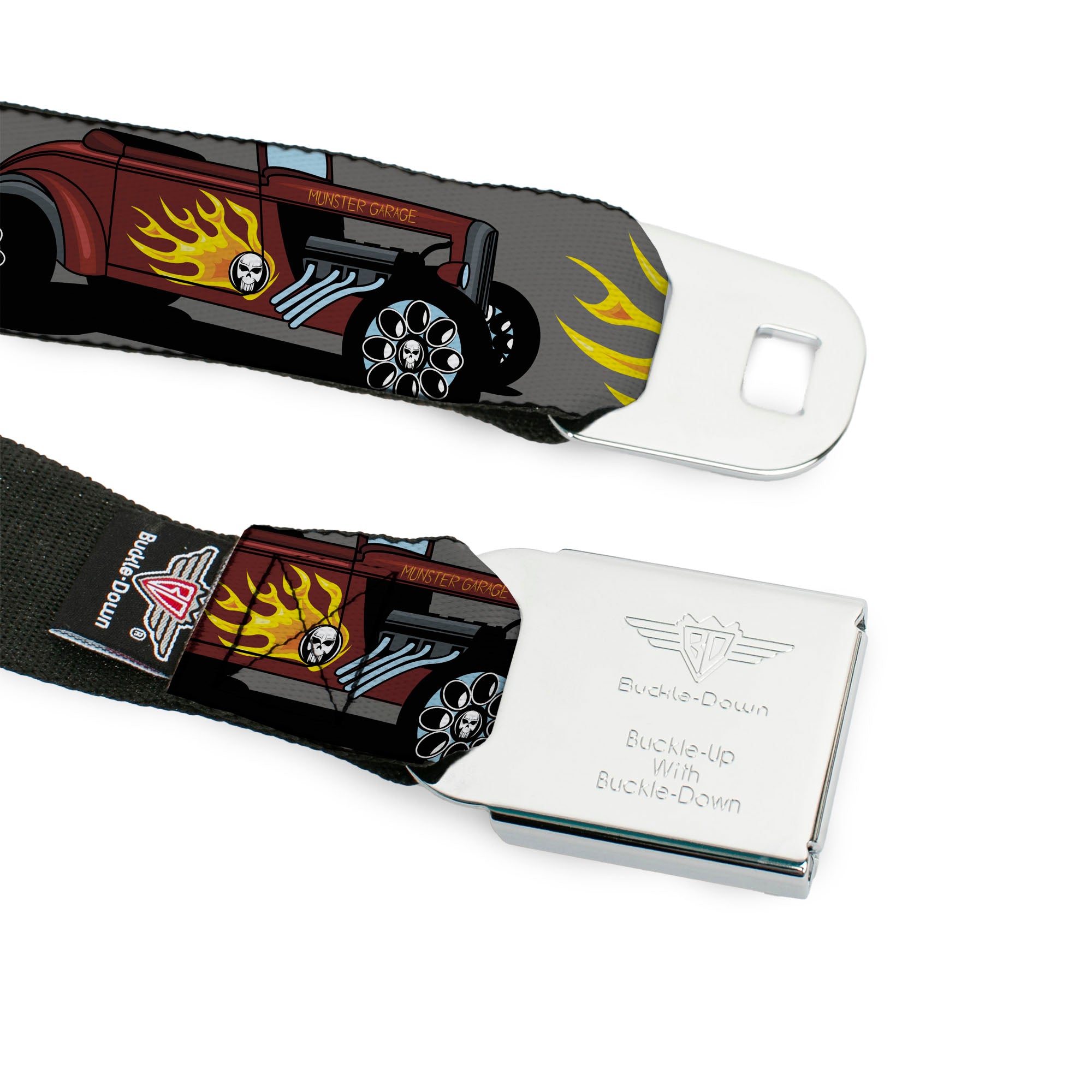 BD Wings Logo CLOSE-UP Full Color Black Silver Seatbelt Belt - Hot Rod w/Flame Skull Webbing Seatbelt Belts Buckle-Down