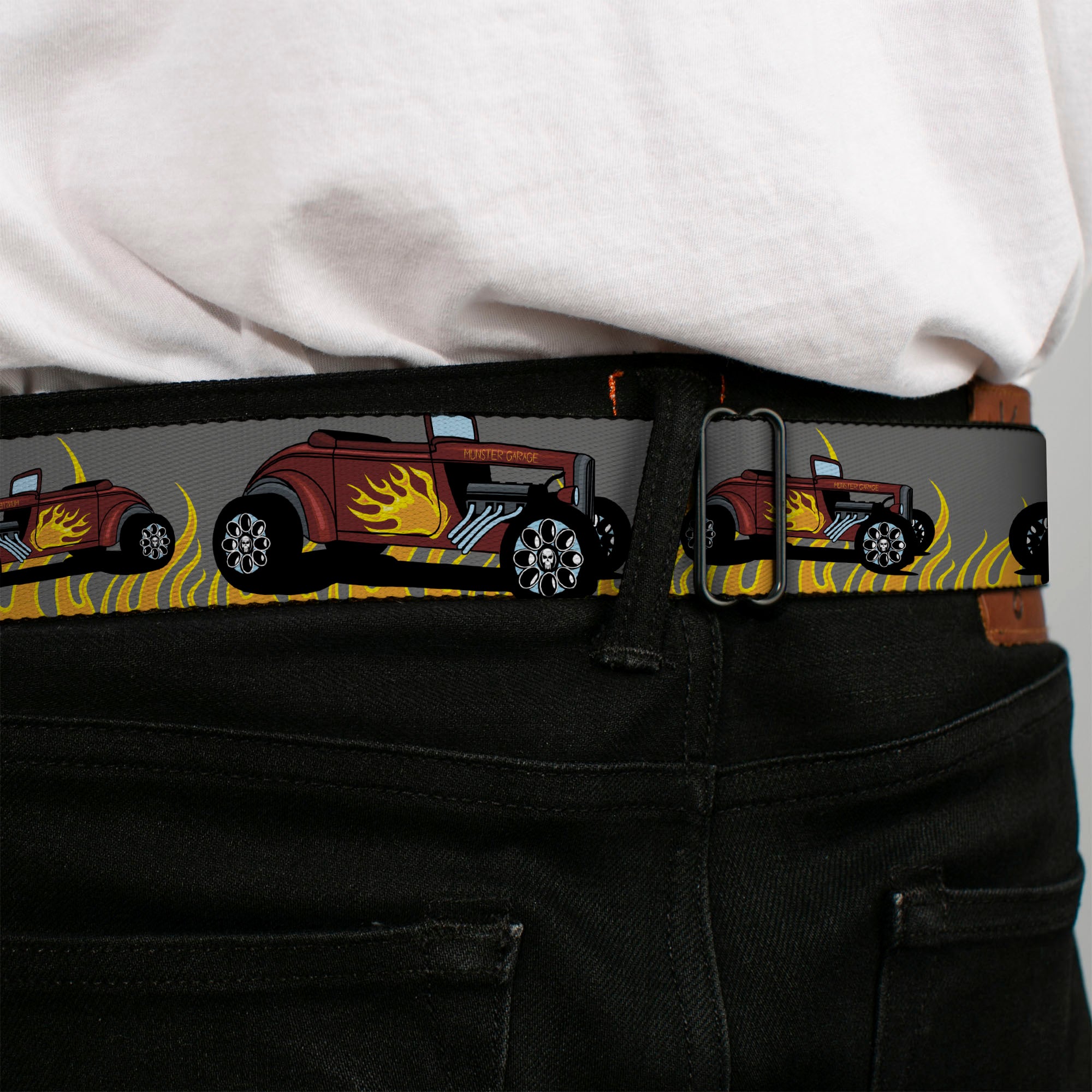 BD Wings Logo CLOSE-UP Full Color Black Silver Seatbelt Belt - Hot Rod w/Flames Webbing Seatbelt Belts Buckle-Down