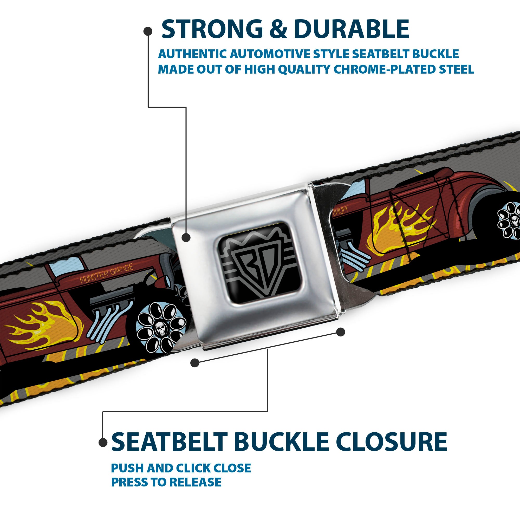 BD Wings Logo CLOSE-UP Full Color Black Silver Seatbelt Belt - Hot Rod w/Flames Webbing Seatbelt Belts Buckle-Down