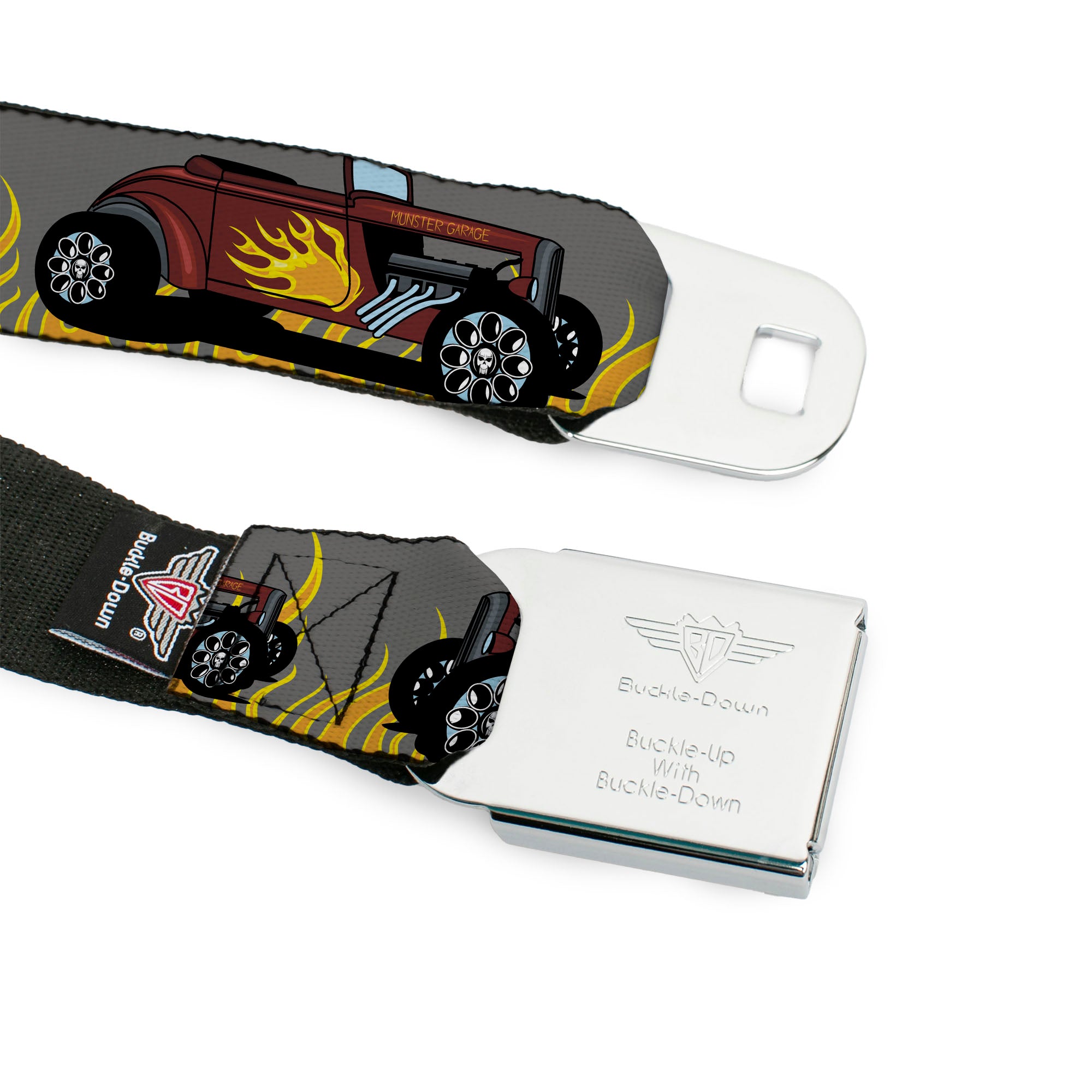 BD Wings Logo CLOSE-UP Full Color Black Silver Seatbelt Belt - Hot Rod w/Flames Webbing Seatbelt Belts Buckle-Down