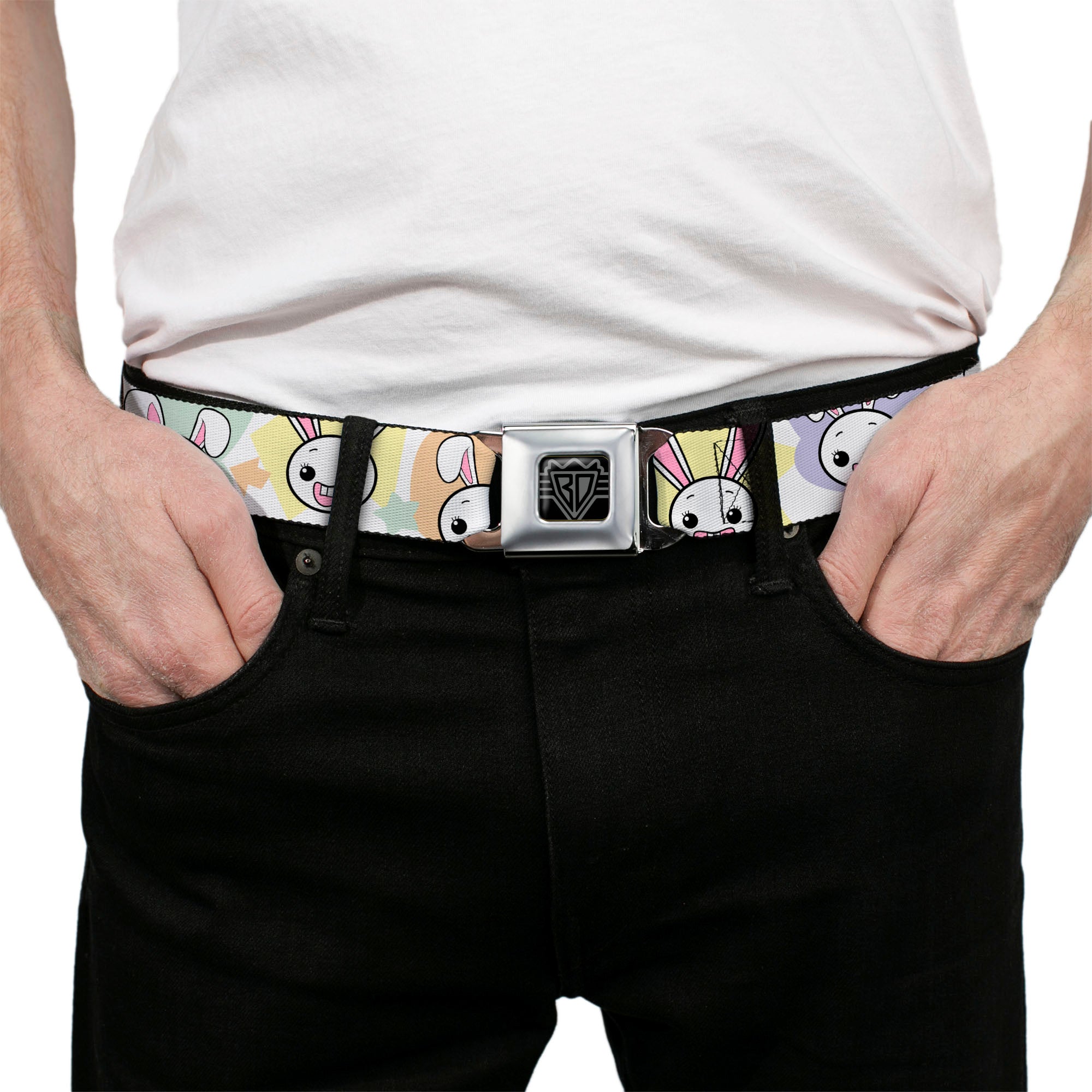 BD Wings Logo CLOSE-UP Full Color Black Silver Seatbelt Belt - Happy/Sad Bunnies & Stars White/Pastel Webbing Seatbelt Belts Buckle-Down
