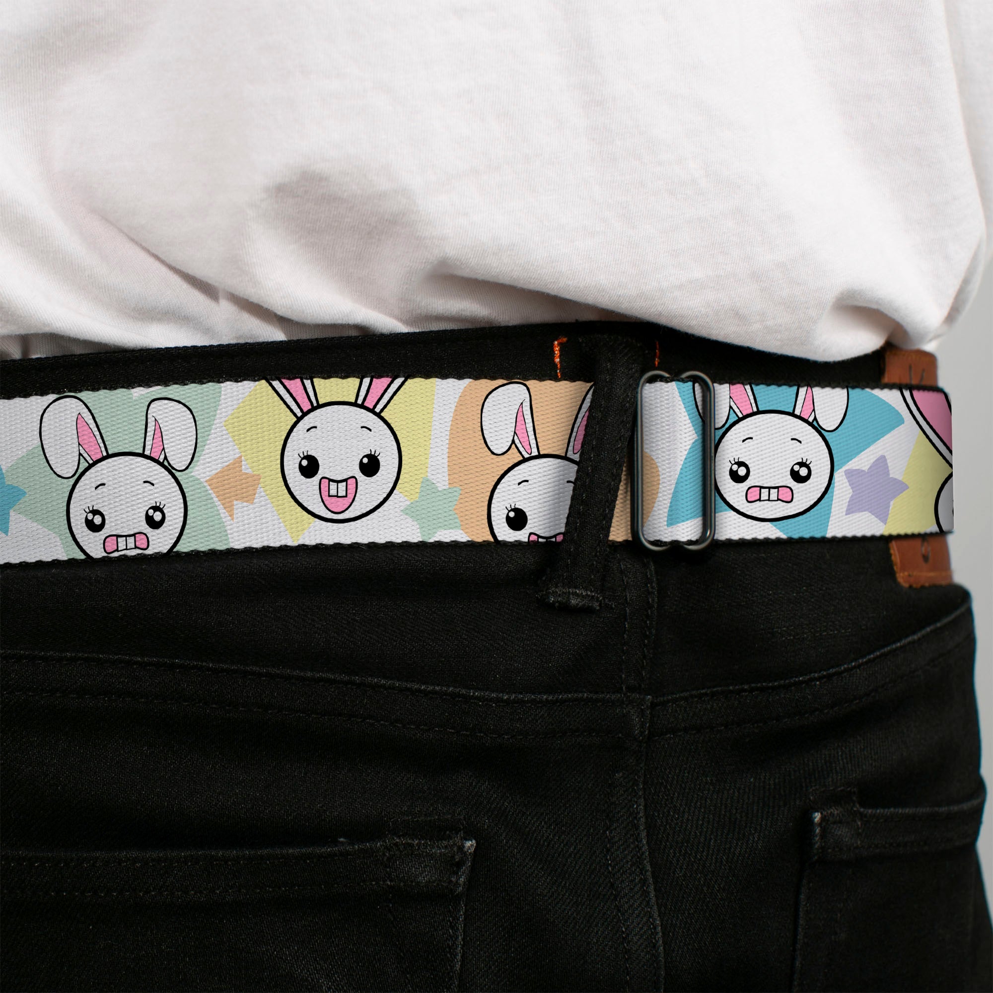 BD Wings Logo CLOSE-UP Full Color Black Silver Seatbelt Belt - Happy/Sad Bunnies & Stars White/Pastel Webbing Seatbelt Belts Buckle-Down