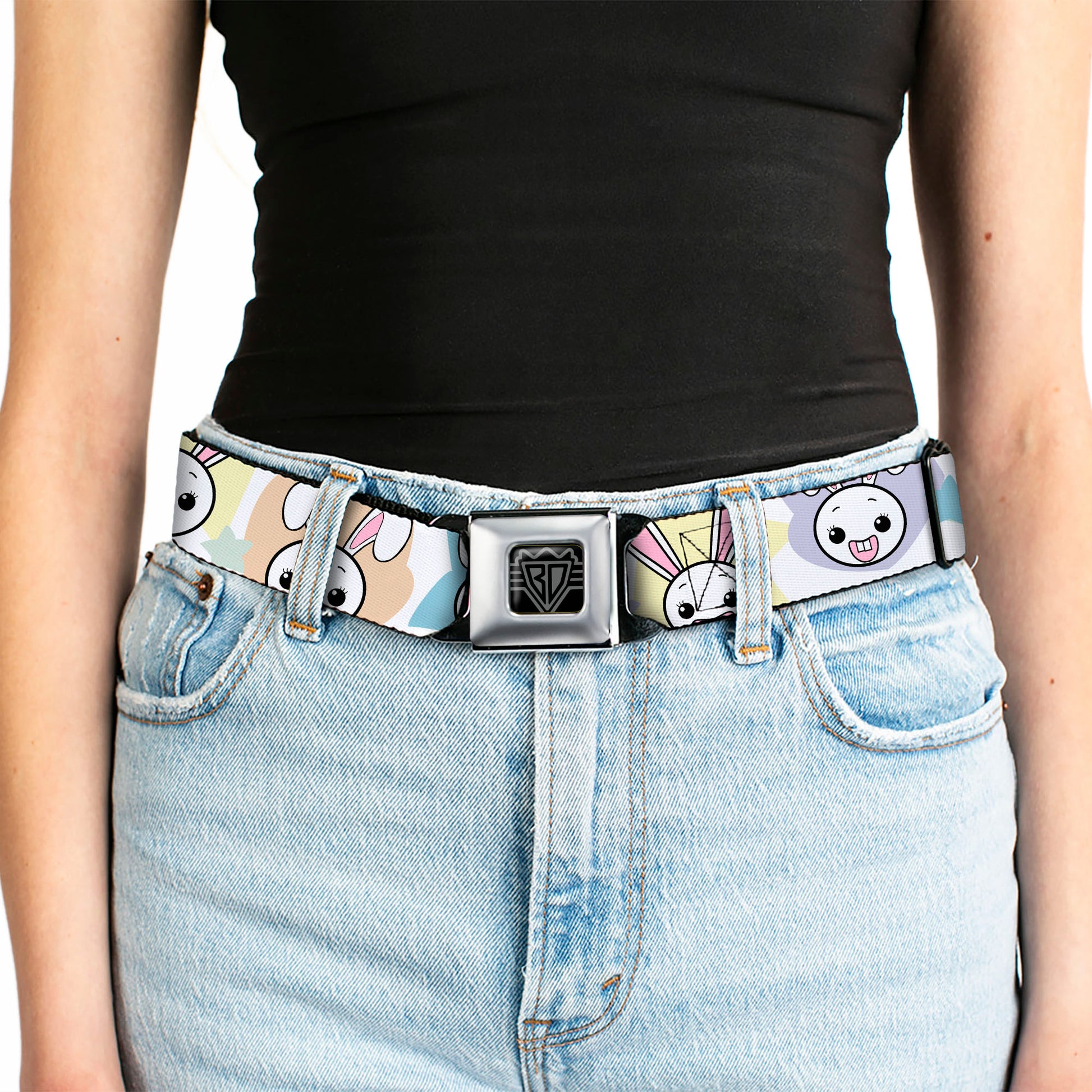 BD Wings Logo CLOSE-UP Full Color Black Silver Seatbelt Belt - Happy/Sad Bunnies & Stars White/Pastel Webbing Seatbelt Belts Buckle-Down