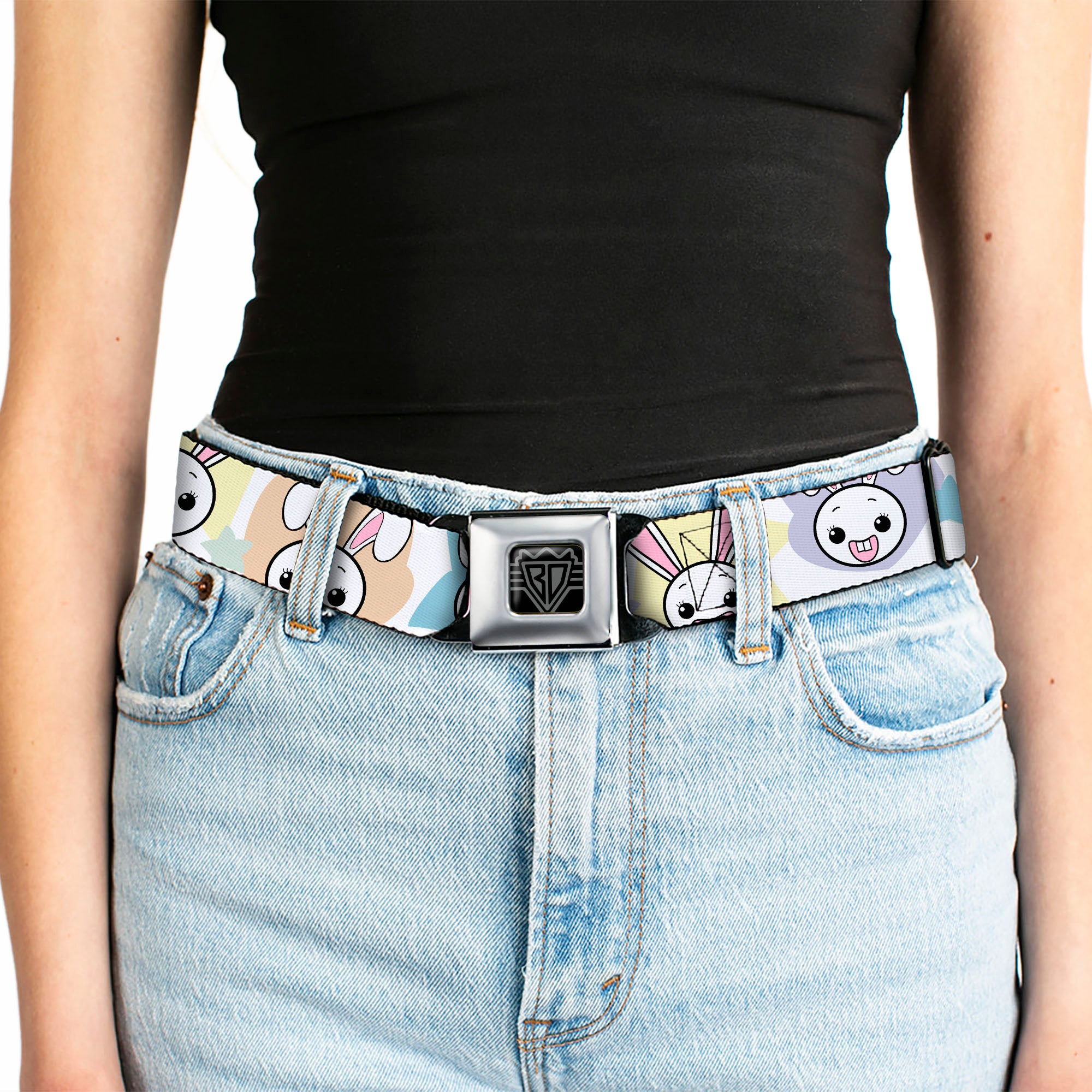 BD Wings Logo CLOSE-UP Full Color Black Silver Seatbelt Belt - Happy/Sad Bunnies & Stars White/Pastel Webbing Seatbelt Belts Buckle-Down