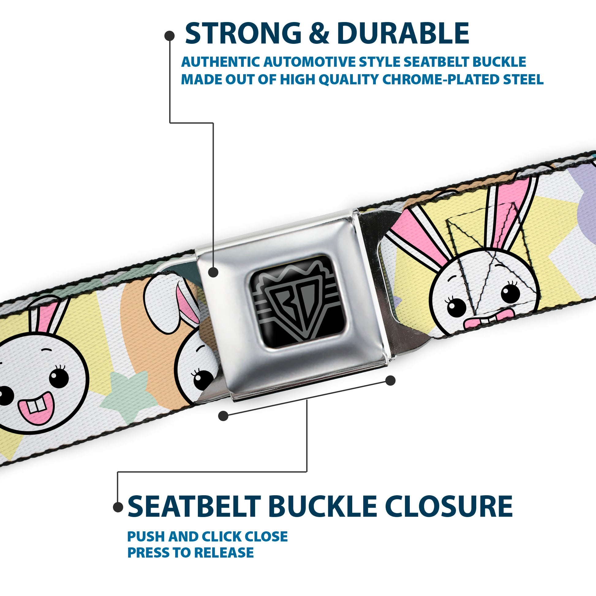 BD Wings Logo CLOSE-UP Full Color Black Silver Seatbelt Belt - Happy/Sad Bunnies & Stars White/Pastel Webbing Seatbelt Belts Buckle-Down
