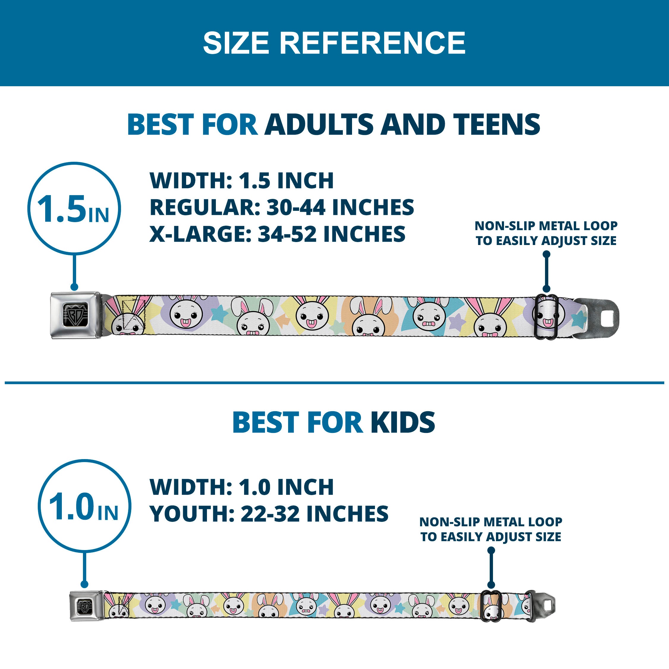 BD Wings Logo CLOSE-UP Full Color Black Silver Seatbelt Belt - Happy/Sad Bunnies & Stars White/Pastel Webbing Seatbelt Belts Buckle-Down