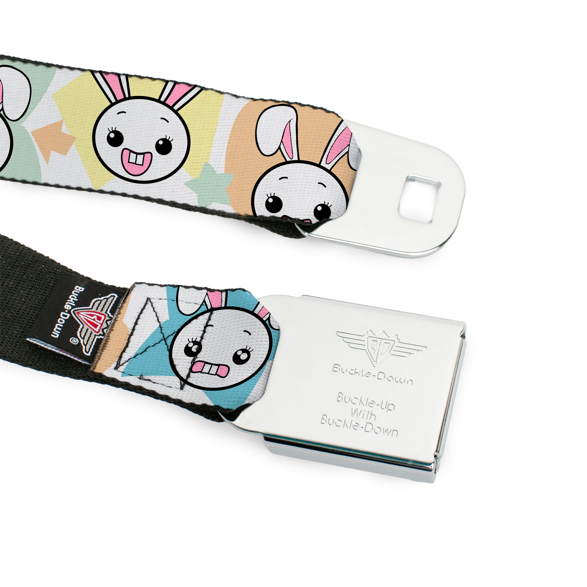 BD Wings Logo CLOSE-UP Full Color Black Silver Seatbelt Belt - Happy/Sad Bunnies & Stars White/Pastel Webbing Seatbelt Belts Buckle-Down