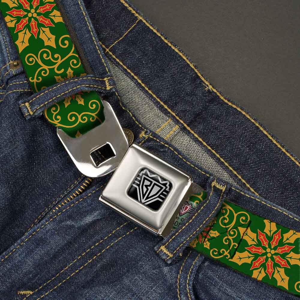 BD Wings Logo CLOSE-UP Full Color Black Silver Seatbelt Belt - Holiday Holly Green/Gold/Red Webbing Seatbelt Belts Buckle-Down